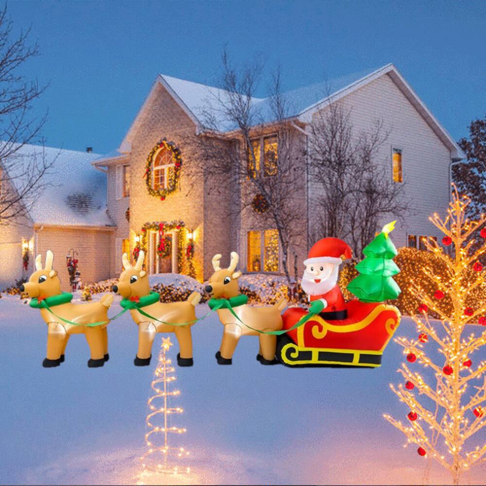 Back. MOVSSOU - 12Ft Inflatables Santa Claus on Sleigh 3 Reindeers Christmas Tree Lighted Xmas Decor Inflatables Christmas Gifts - multicolor.