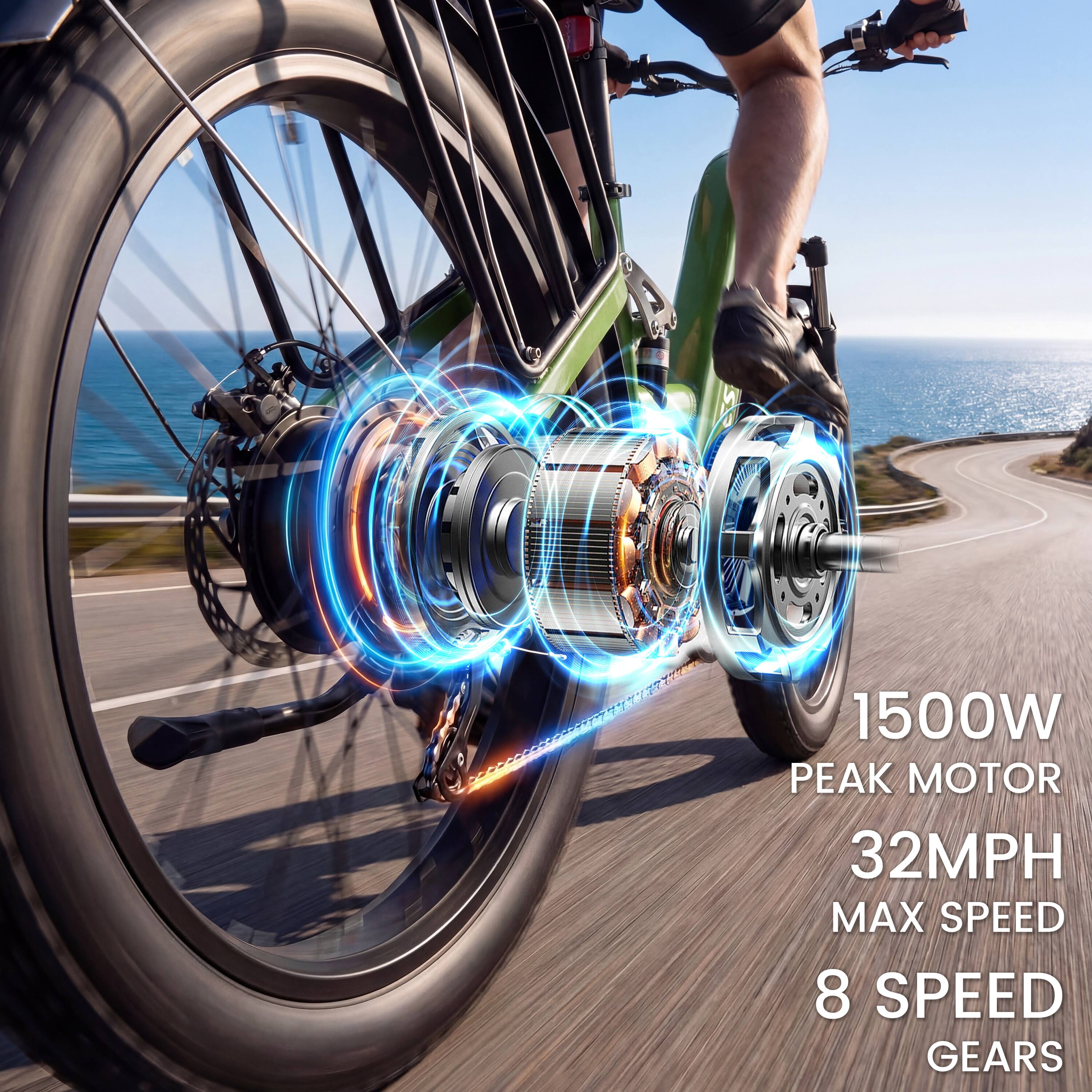 1500W Peak Motor  
32MPH Max Speed  
8 Speed Gears