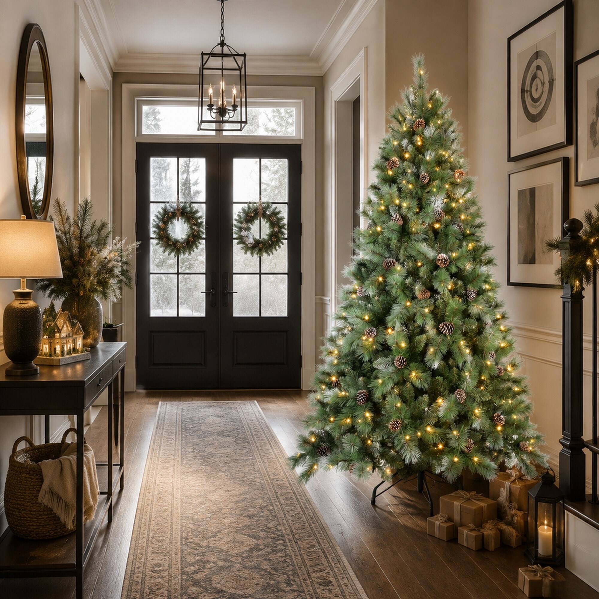 Alt View 2. RYHNUYNE - 8FT Pre-Lit Christmas Tree, 550 Warm White LED Lights 1858 PVC Hard Needle Tips 102 Pine Cones Hinged Branch Metal Stand - Green.