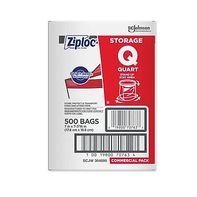 SC Johnson Ziploc STORAGE Q QUART Gripnse STAND UP STAY OPEN STORE PROTECT & TRANSPORT FOOD AND ITEMS HANUFACTURED BO MEXT FDA REGULATIONS FOR CONTACT ON 500 BAGS 7 in x 7-7/16 in (17.8 cm x 18.8 cm) 19800 70763 7 1 00 19800 70763 4 SCJW 364899 COMMERCIAL PACK