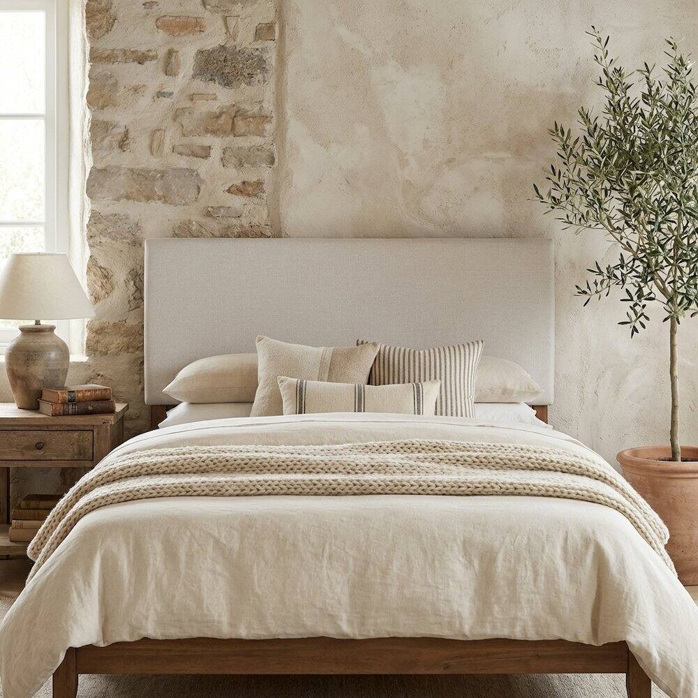 Angle. FurniFact - Upholstered Queen Headboard in Neutral Fabric, Durable Frame, Stylish Design - Gray.