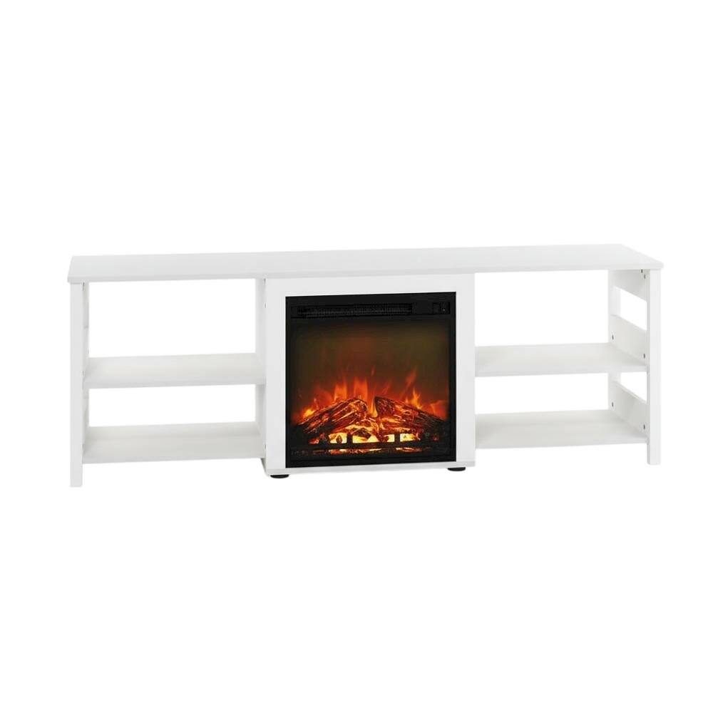 Alt View 3. FurniFact - White Emboss TV Stand with Fireplace and Wooden Finish - White.