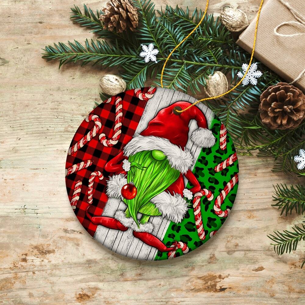 Back. OrnamentallyYou - Green Christmas Gnome Festive Holiday Ceramic Ornament Candy Cane and Plaid - Multi-colored.