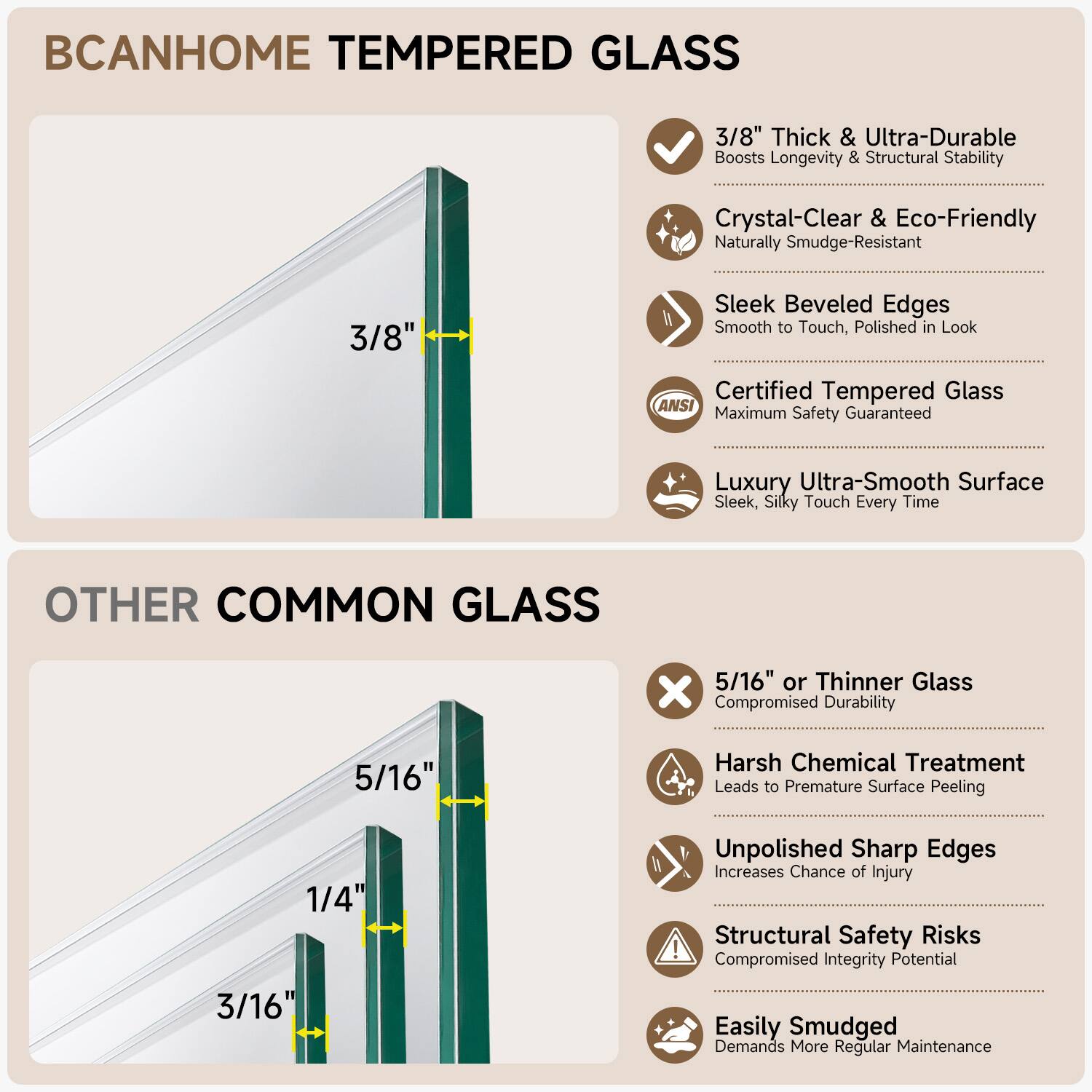 BCANHOME TEMPERED GLASS

3/8" Thick & Ultra-Durable  
Boosts Longevity & Structural Stability  
Crystal-Clear & Eco-Friendly  
Naturally Smudge-Resistant  
Sleek Beveled Edges  
Smooth to Touch, Polished in Look  
Certified Tempered Glass  
ANSI Maximum Safety Guaranteed  
Luxury Ultra-Smooth Surface  
Sleek, Silky Touch Every Time  

OTHER COMMON GLASS

5/16" or Thinner Glass  
Compromised Durability  
Harsh Chemical Treatment  
Leads to Premature Surface Peeling  
1/4"  
3/16"  
Unpolished Sharp Edges  
Increases Chance of Injury  
Structural Safety Risks  
Compromised Integrity Potential  
Easily Smudged  
Demands More Regular Maintenance