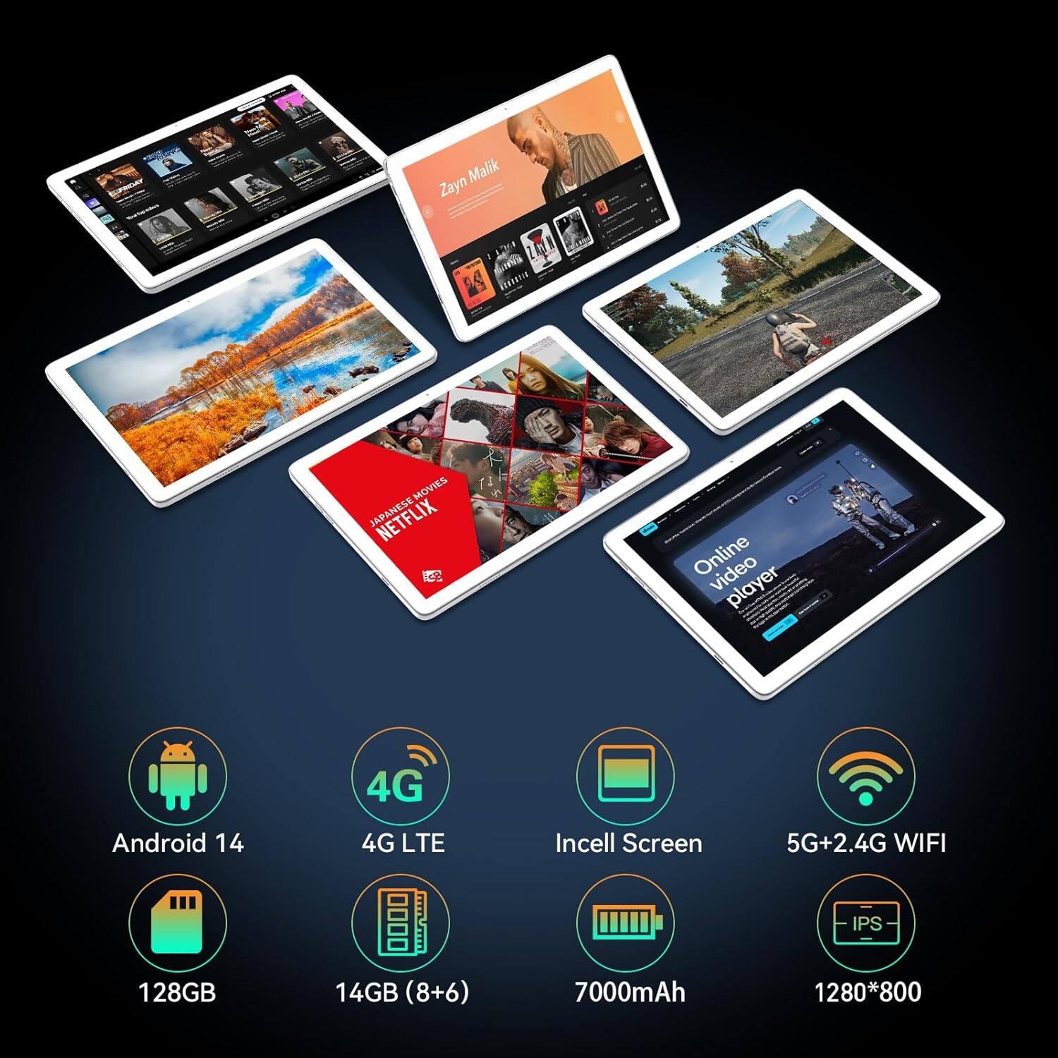 Malik Zayn, 0 2A MOVIES, NETFLIX, Online video player, 4G, Android 14, 4G LTE, Incell Screen, 5G+2.4G WIFI, IPS, 128GB, 14GB (8+6), 7000mAh, 1280*800