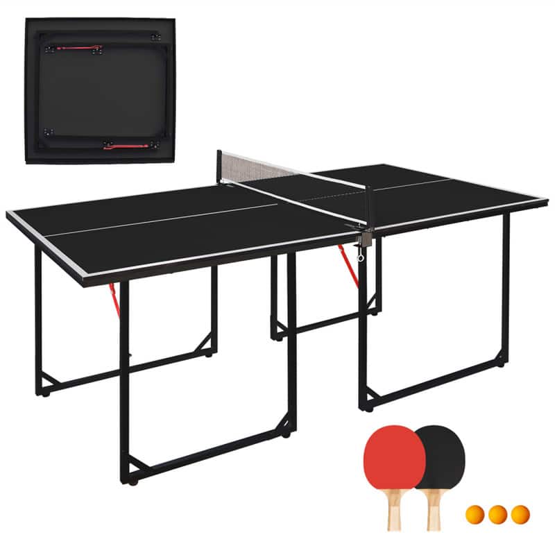 HTUTWOO - 6ft Mid-Size Foldable Portable Ping Pong Table Set for Indoor & Outdoor Use - Includes Net, 2 Table Paddles & 3 Ball - Black+Black
