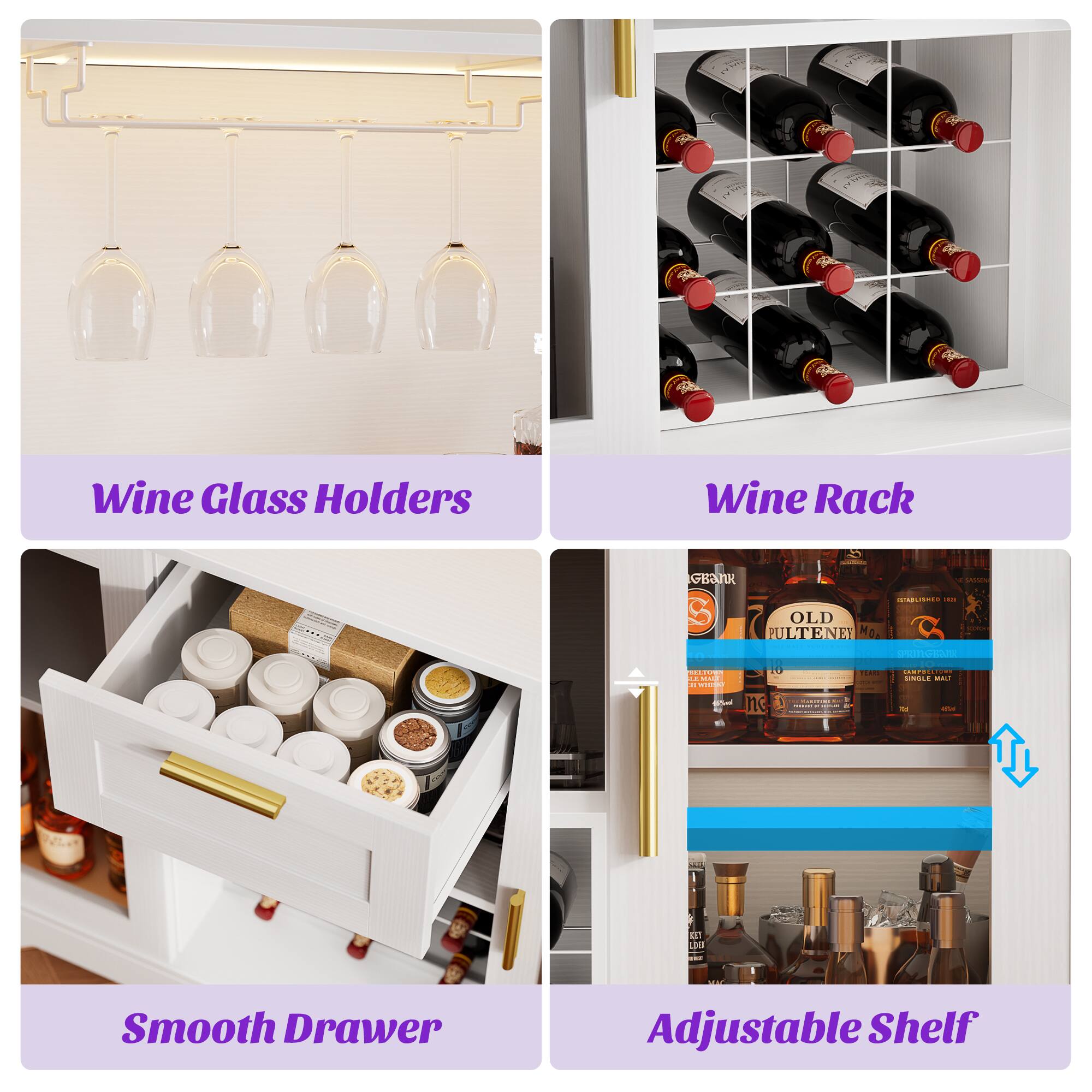 Wine Glass Holders  
Wine Rack  
Smooth Drawer  
Adjustable Shelf