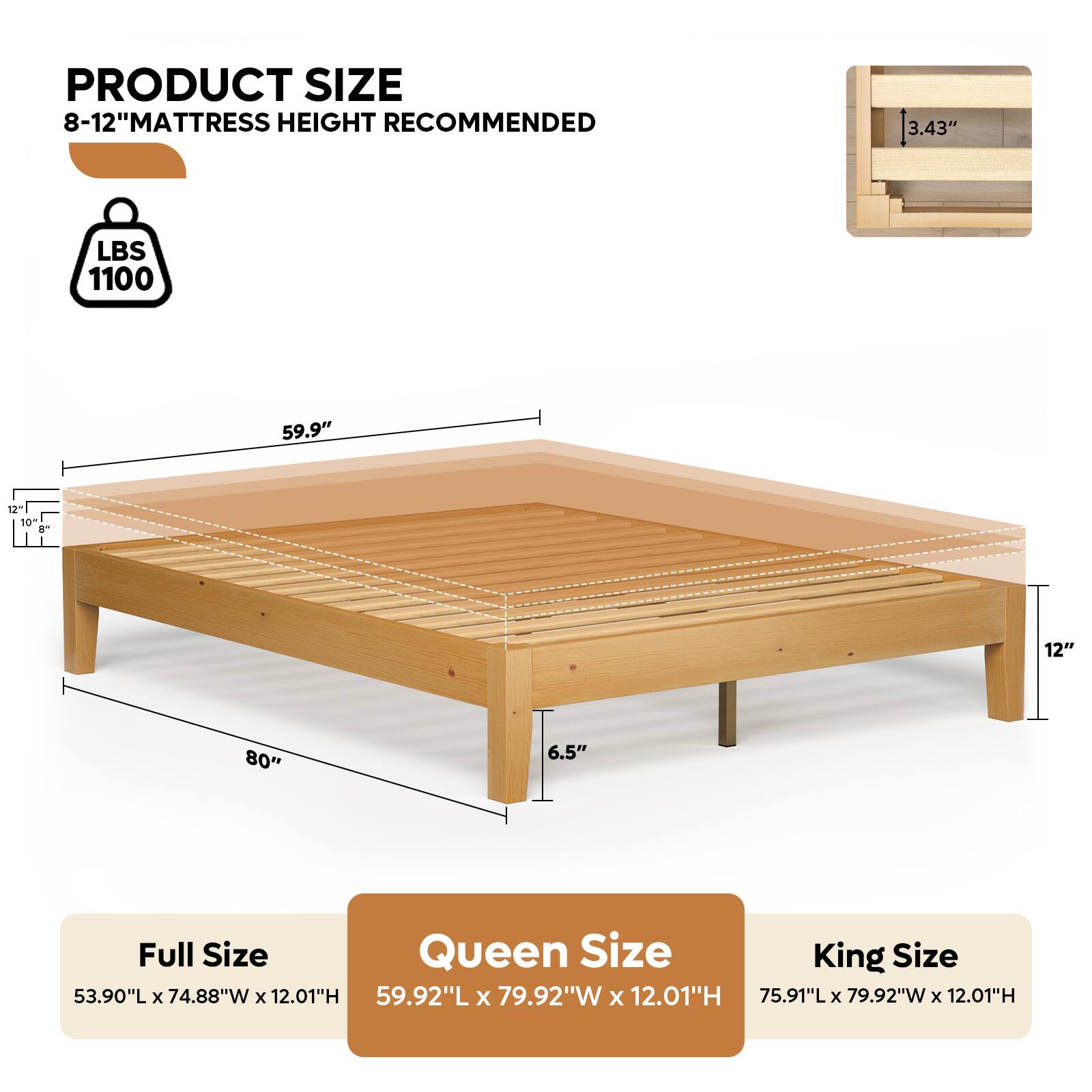 PRODUCT SIZE  
8-12" MATTRESS HEIGHT RECOMMENDED  

LBS 1100  

Full Size  
53.90"L x 74.88"W x 12.01"H  

Queen Size  
59.92"L x 79.92"W x 12.01"H  

King Size  
75.91"L x 79.92"W x 12.01"H  

59.9"  
80"  
6.5"  
12"  
3.43"