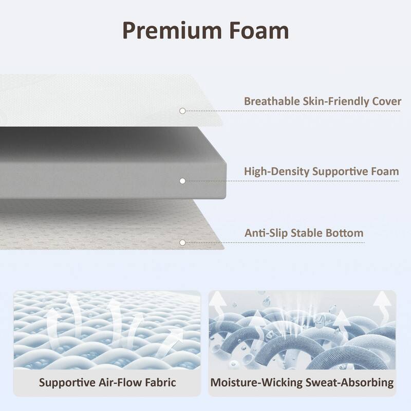 Premium Foam

- Breathable Skin-Friendly Cover
- High-Density Supportive Foam
- Anti-Slip Stable Bottom
- Supportive Air-Flow Fabric
- Moisture-Wicking Sweat-Absorbing