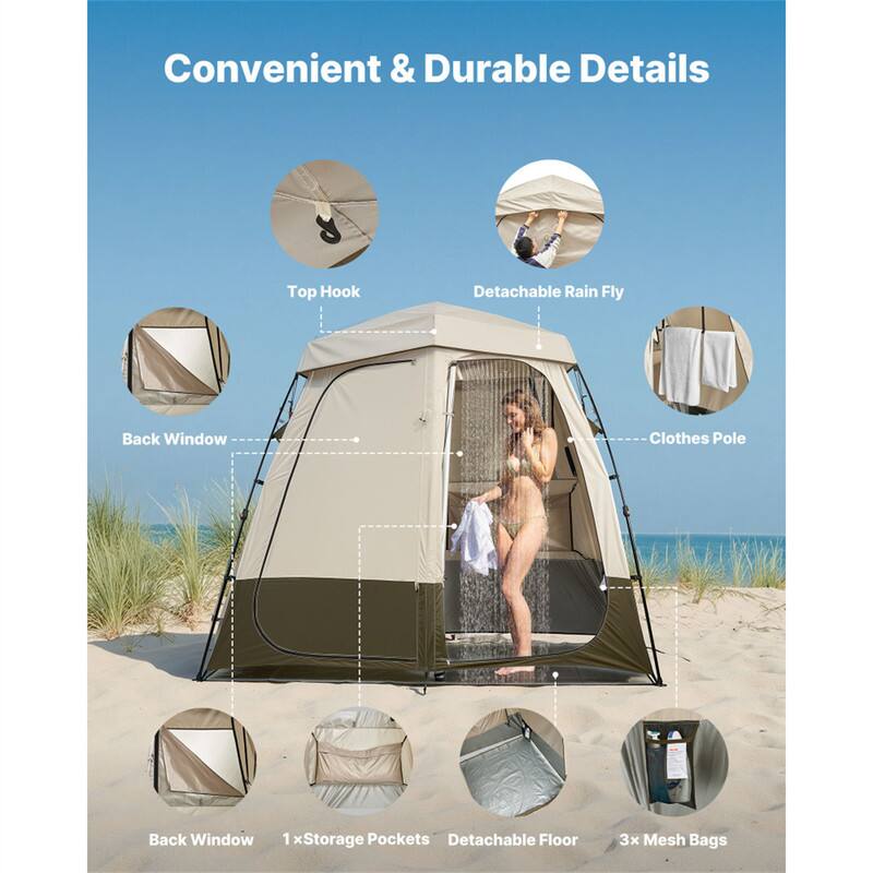 Convenient & Durable Details

- Top Hook
- Detachable Rain Fly
- Back Window
- Clothes Pole
- 1 x Storage Pockets
- Detachable Floor
- 3 x Mesh Bags