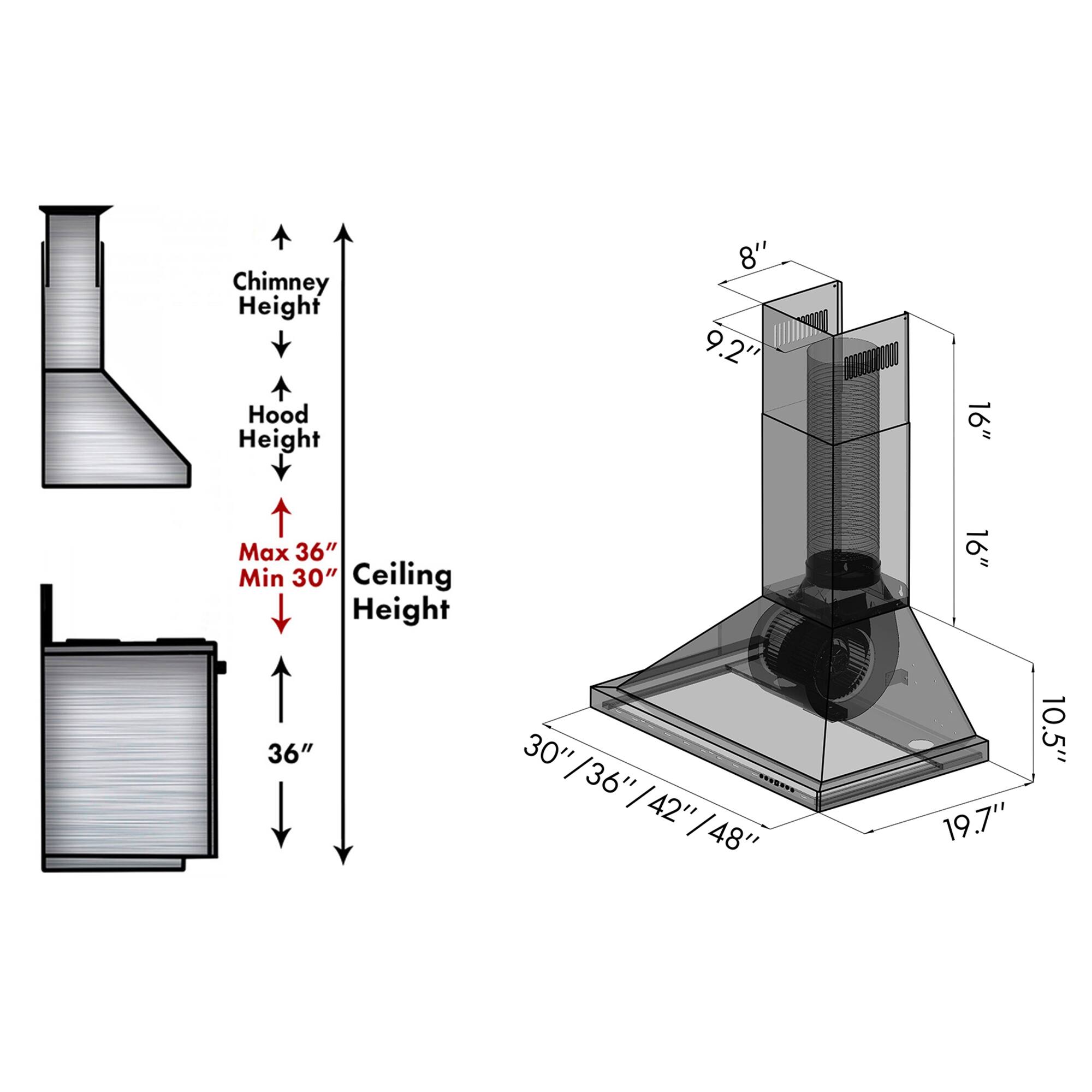 Chimney Height: 8"  
Hood Height: 9.2"  
Max Ceiling Height: 36"  
Min Ceiling Height: 30"  
Ceiling Height Options: 30" / 36" / 42" / 48"  
Width: 16"  
Depth: 19.7"