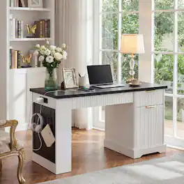Loheer - Farmhouse Office Desk, 59 Inch Office Desk with Drawers, Charging Station, Monitor Stand, Cabinet - White