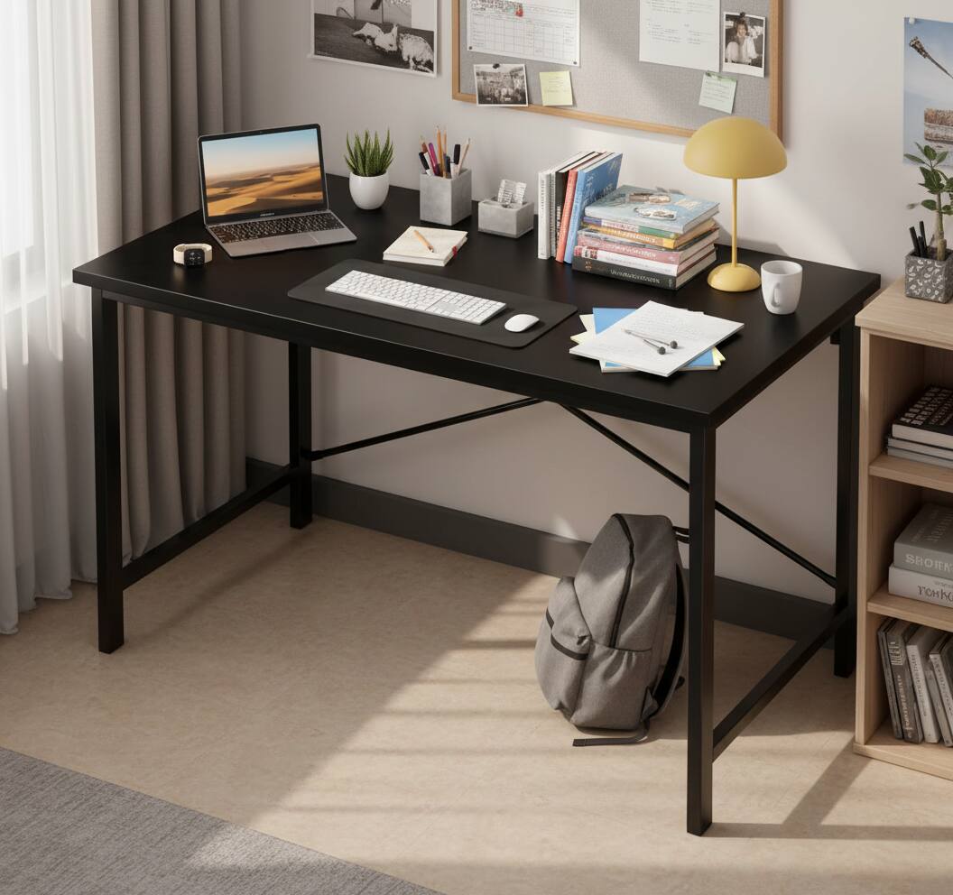 Angle. AOITUN - 44 Inch Black Computer Desk, Minimalist Writing Table with Metal X-Frame, Small Home Office Study Table - Black.