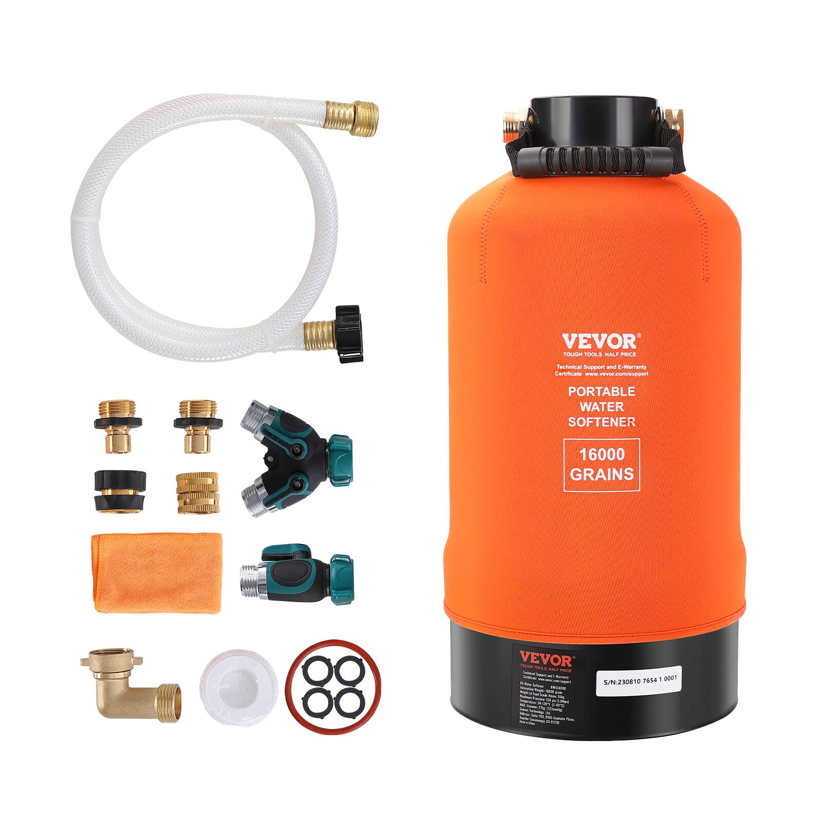 VEVOR - RV Water Softener,16,000 Grain Portable Water Softener, with 3/4" Brass Fittings and 42" Hose, Soften Hard Water Filter - Orange