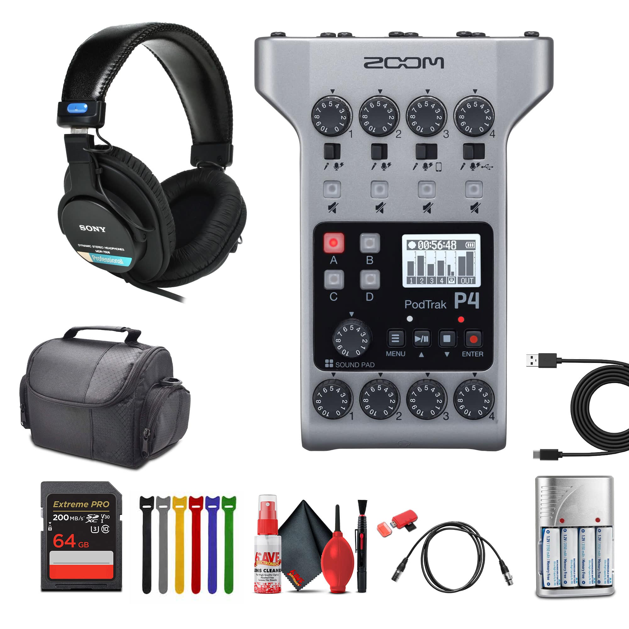 Zoom - PodTrak P4 Portable Podcast Recorder + Headphones, Travel Bag, Bundle
