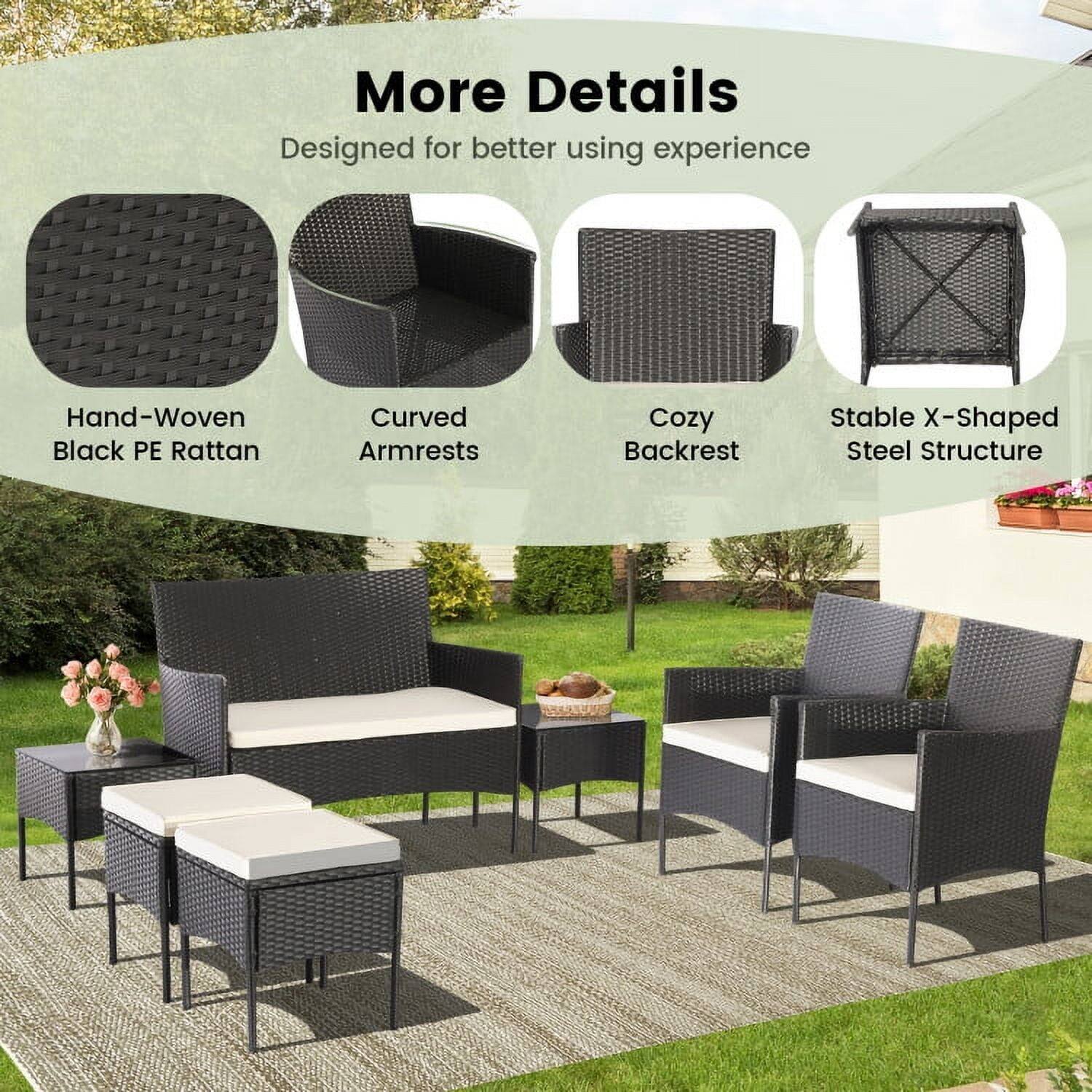 More Details  
Designed for better using experience  
- Hand-Woven Black PE Rattan  
- Curved Armrests  
- Cozy Backrest  
- Stable X-shaped Steel Structure