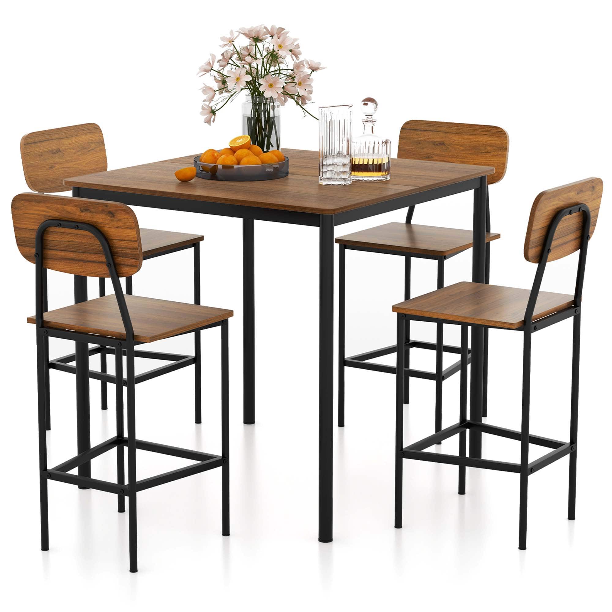Front. Costway - 5-Piece Industrial Dining Table Set with Counter Height Table & 4 Bar Stools Walnut - Walnut.
