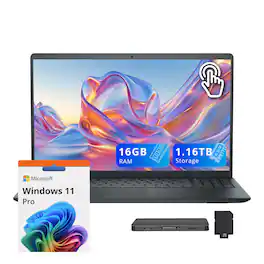 Dell - Inspiron 15 15.6" FHD Touch Laptop,AMD Ryzen 5 7530U,16GB RAM,1TB SSD+160GB Dock Set,Numeric Pad,Win 11 Pro - Black