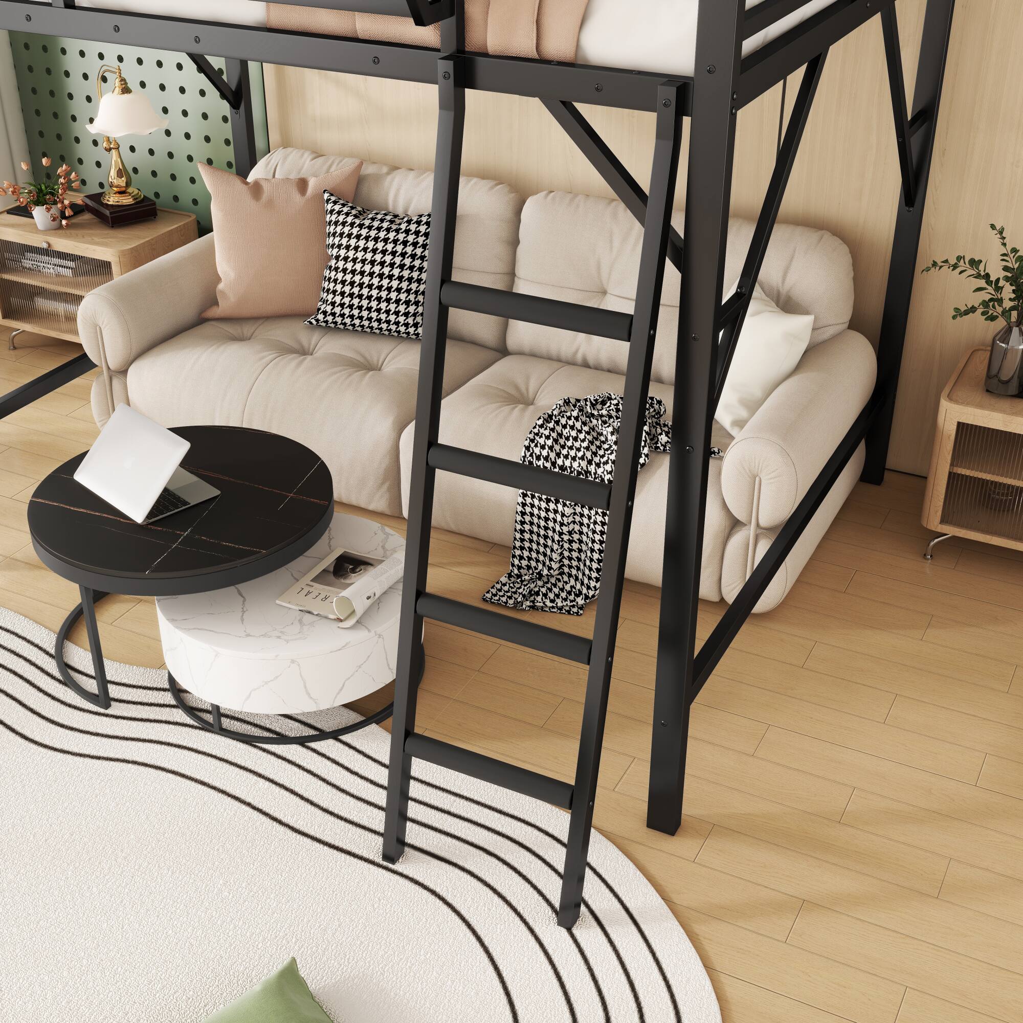 Angle. GOODSILO - Full Size Metal Loft Bed with Storage Shelves and Ladder for Kids and Teens - Black.