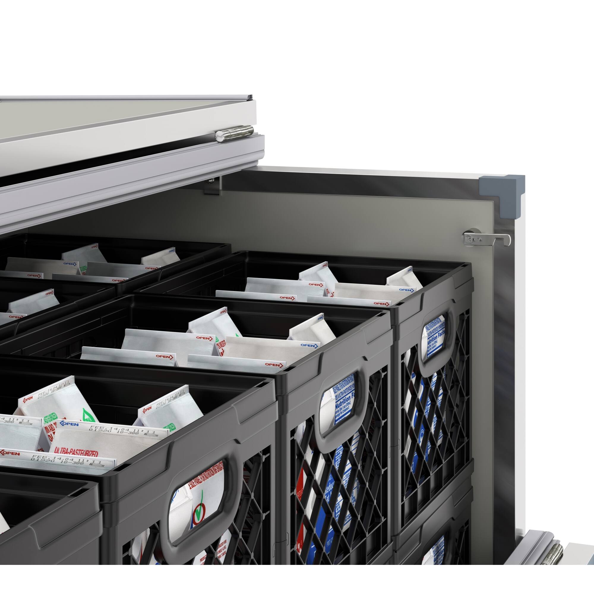 The image shows a container with several compartments filled with various items. The compartments are filled with different types of food, including milk and juice. The container is designed to store and organize these items, making it easy to access and transport them. The compartments are filled with different types of food, including milk and juice. The container is designed to store and organize these items, making it easy to access and transport them.