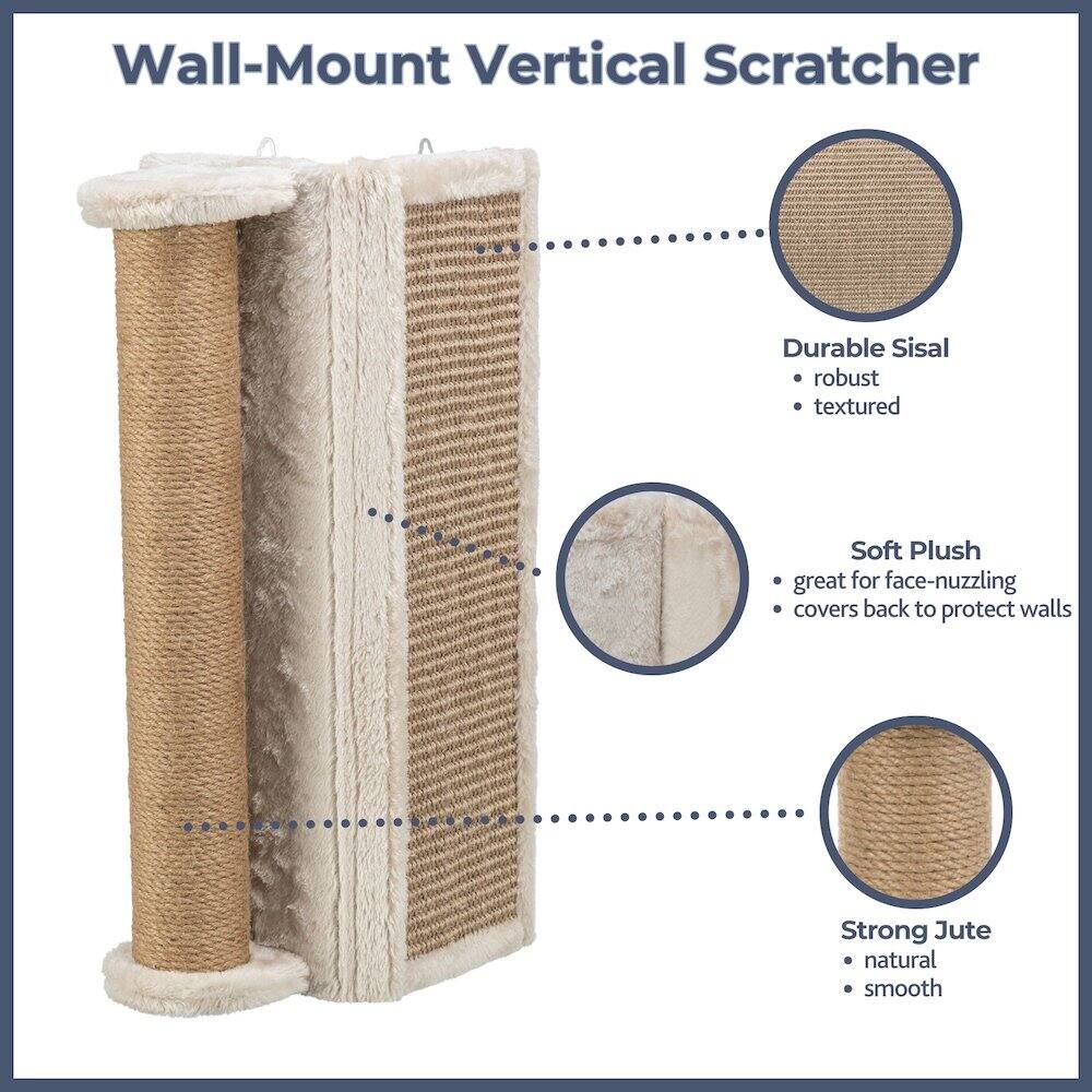 Wall-Mount Vertical Scratcher

- Durable Sisal
  - robust
  - textured

- Soft Plush
  - great for face-nuzzling
  - covers back to protect walls

- Strong Jute
  - natural
  - smooth