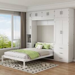 Tiramisubest - Full Size White Murphy Bed with Lockers and Wardrobes, Solid Wood+MDF, Space-saving, Installation Video - White