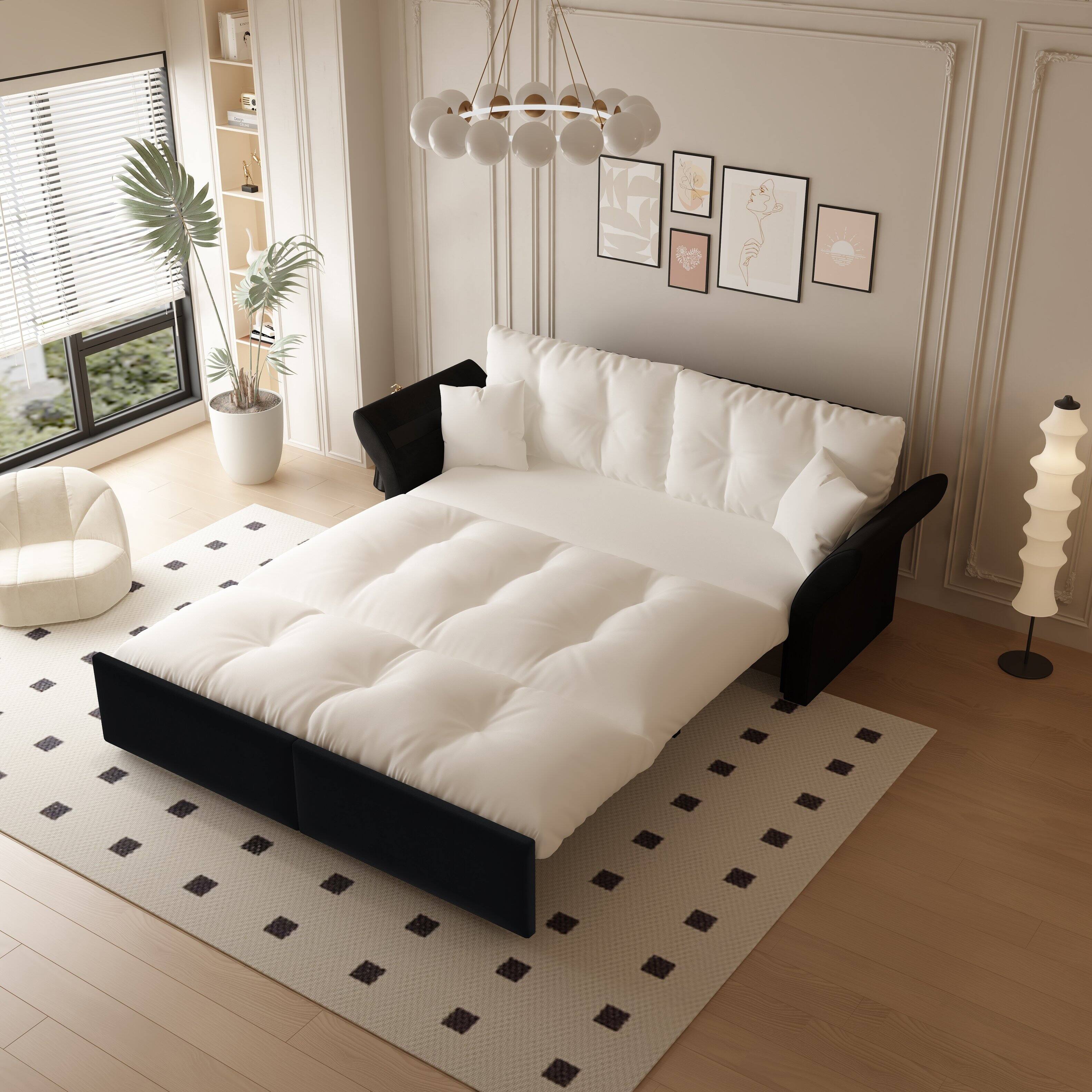 Angle. Anysun - Queen 3-in-1 Pull Out Sofa Bed - Tufted Velvet Design, Includes 2 Pillows, Multi-Functional Loveseat. - White.