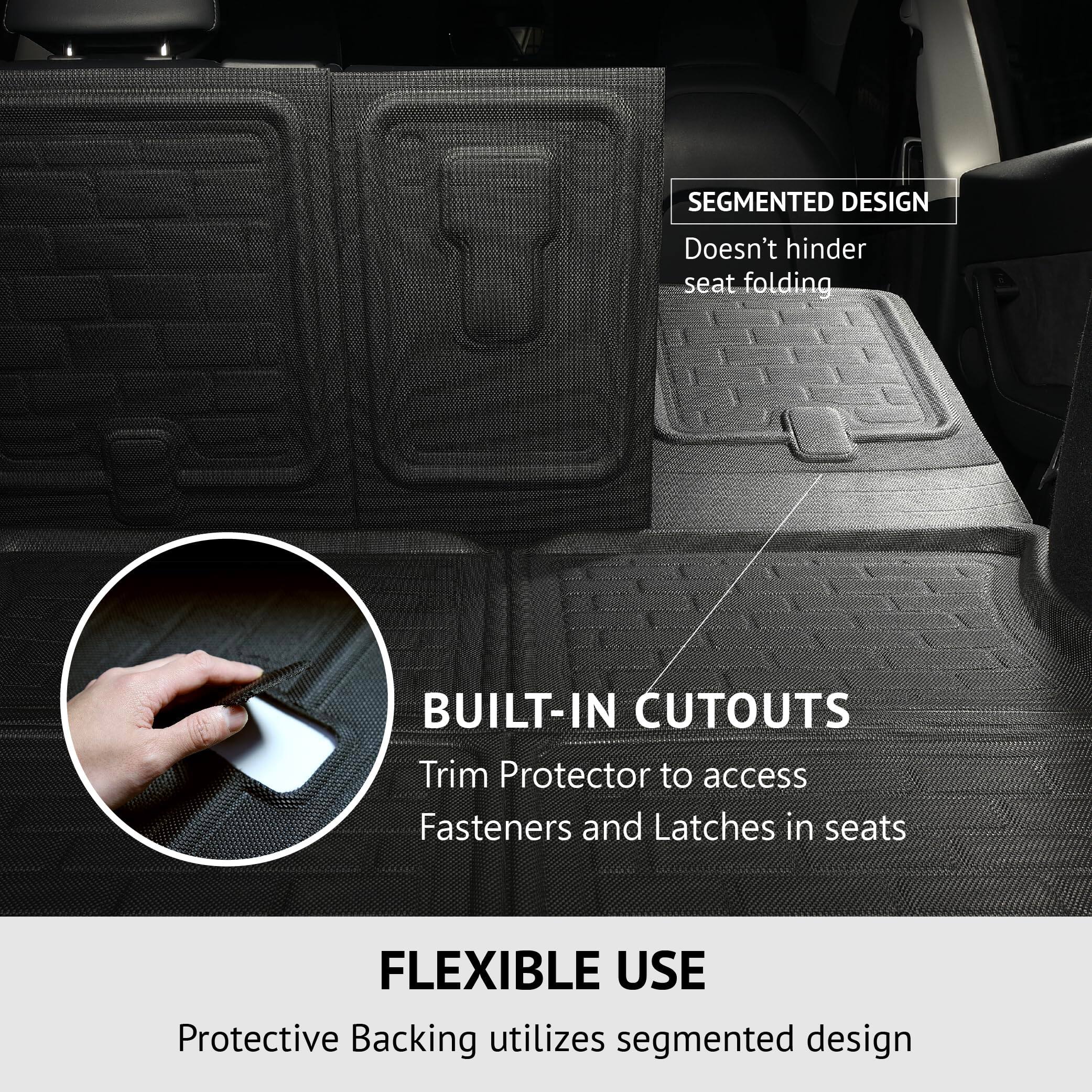 SEGMENTED DESIGN  
Doesn't hinder seat folding  

BUILT-IN CUTOUTS  
Trim Protector to access Fasteners and Latches in seats  

FLEXIBLE USE  
Protective Backing utilizes segmented design