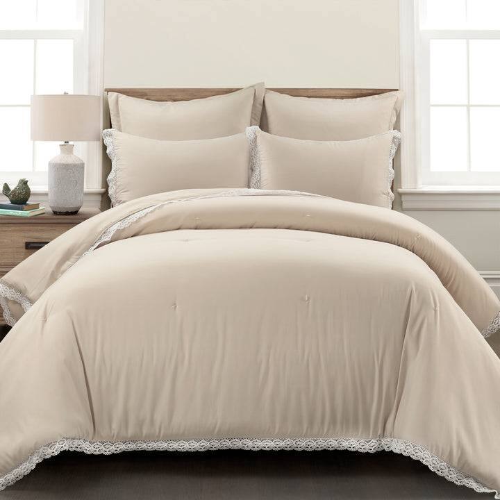 Angle. Hivvago - King French Country Beige Tan 5-Piece Lightweight Comforter Set with Lace Trim - Beige.