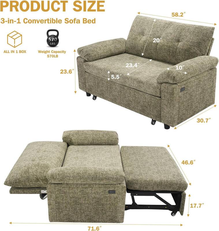 **PRODUCT SIZE**

- **3-in-1 Convertible Sofa Bed**
- **Weight Capacity:** 570 LBS
- **Dimensions:**
  - **Sofa Mode:**
    - Width: 58.2"
    - Depth: 30.7"
    - Height: 23.6"
    - Armrest Height: 20"
    - Seat Height: 17.7"
    - Seat Depth: 23.4"
    - Back Height: 5.5"
  - **Bed Mode:**
    - Length: 71.6"
    - Width: 46.6"
    - Height: 17.7"