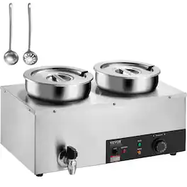VEVOR - Electric Soup Warmer, Dual 7.4QT Stainless Steel Round Pot, 1200W Commercial Food Warmer, 86~185°F Adjustable Temp - Silver