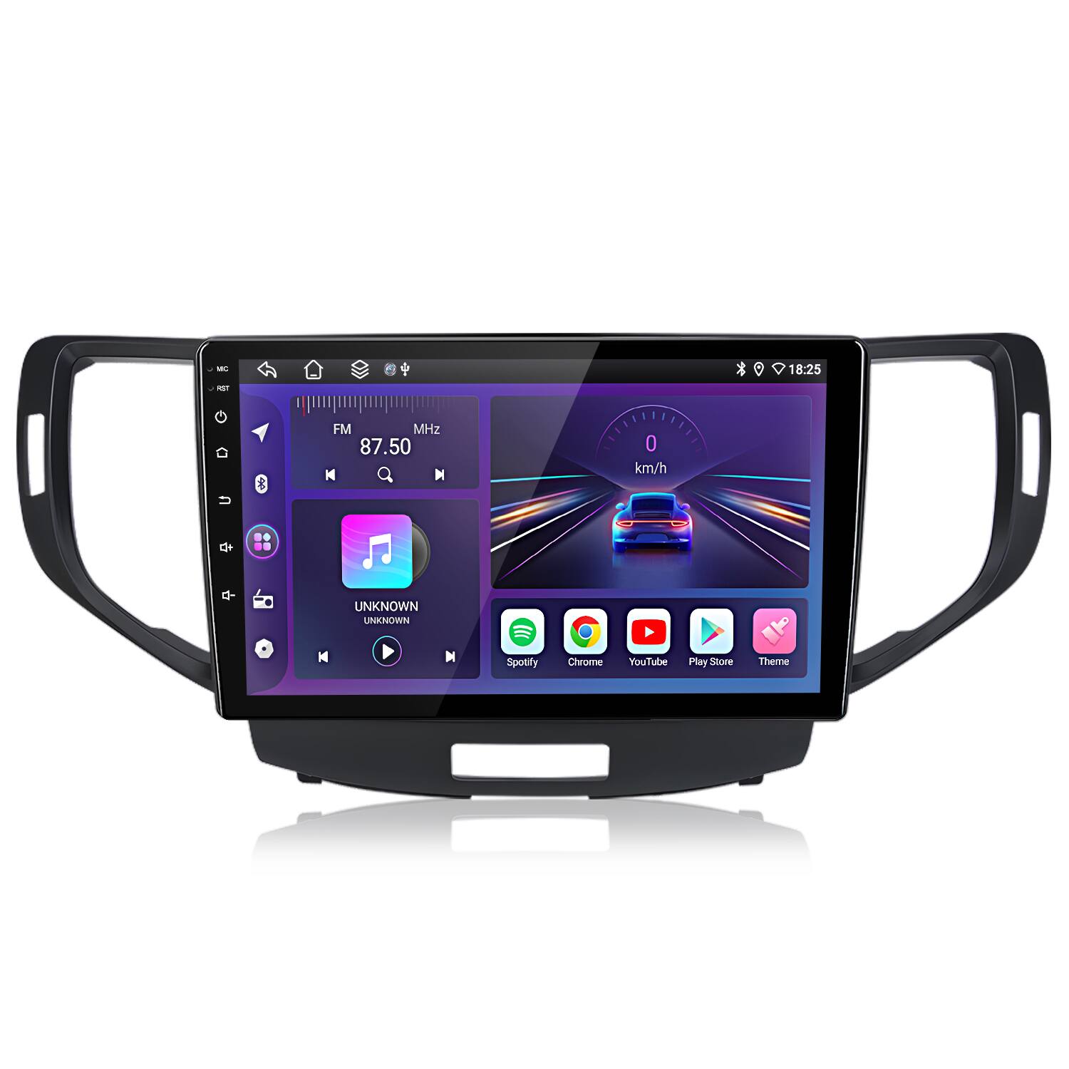 18:25 - FM MHz 87.50 M 0 km/h  
UNKNOWN UNKNOWN  
Spotify Chrome YouTube Play Store Theme