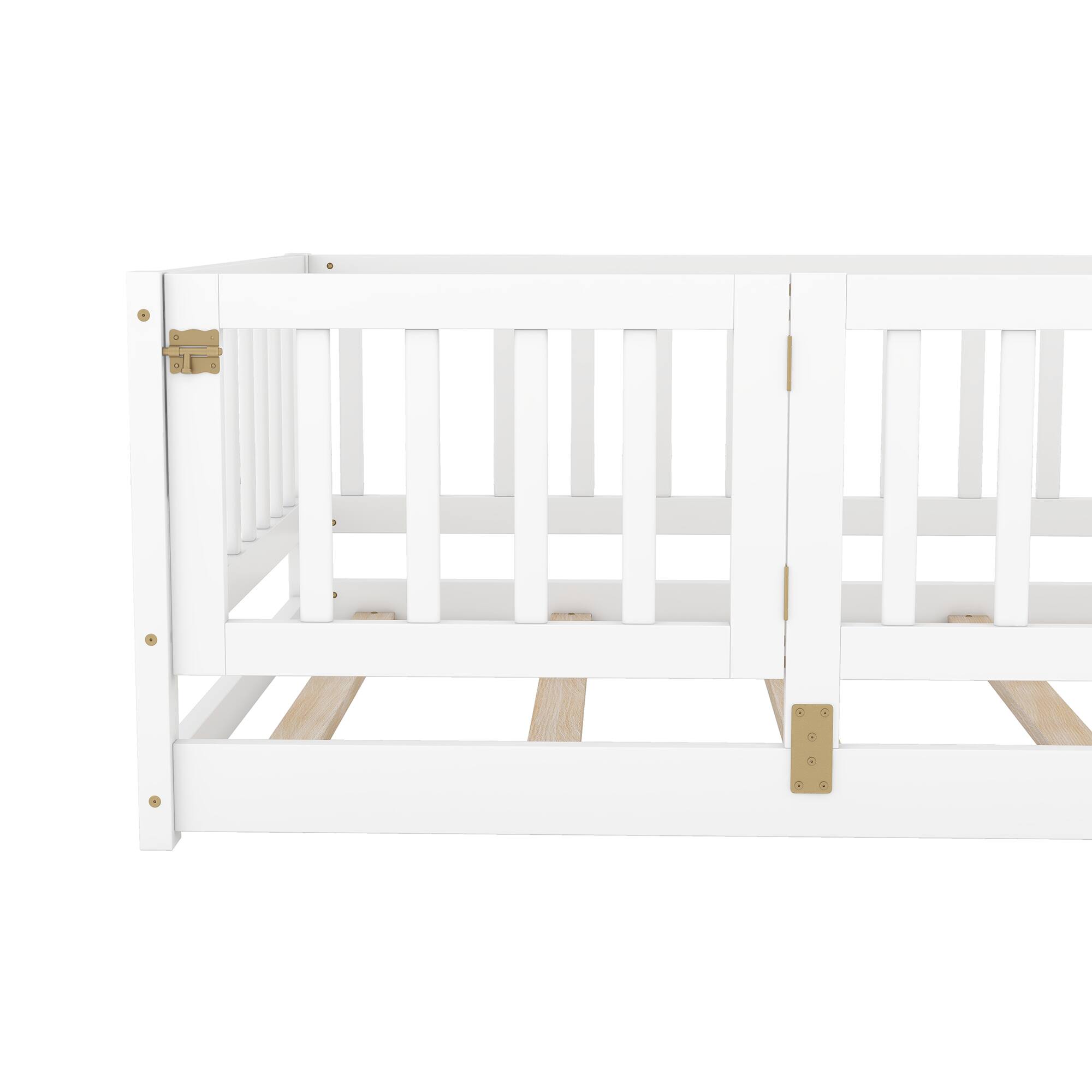 Alt View 2. GOODSILO - Twin Size Montessori Floor Bed with Fence and Door, Wood Bed Frame for Kids, Boys & Girls - White.