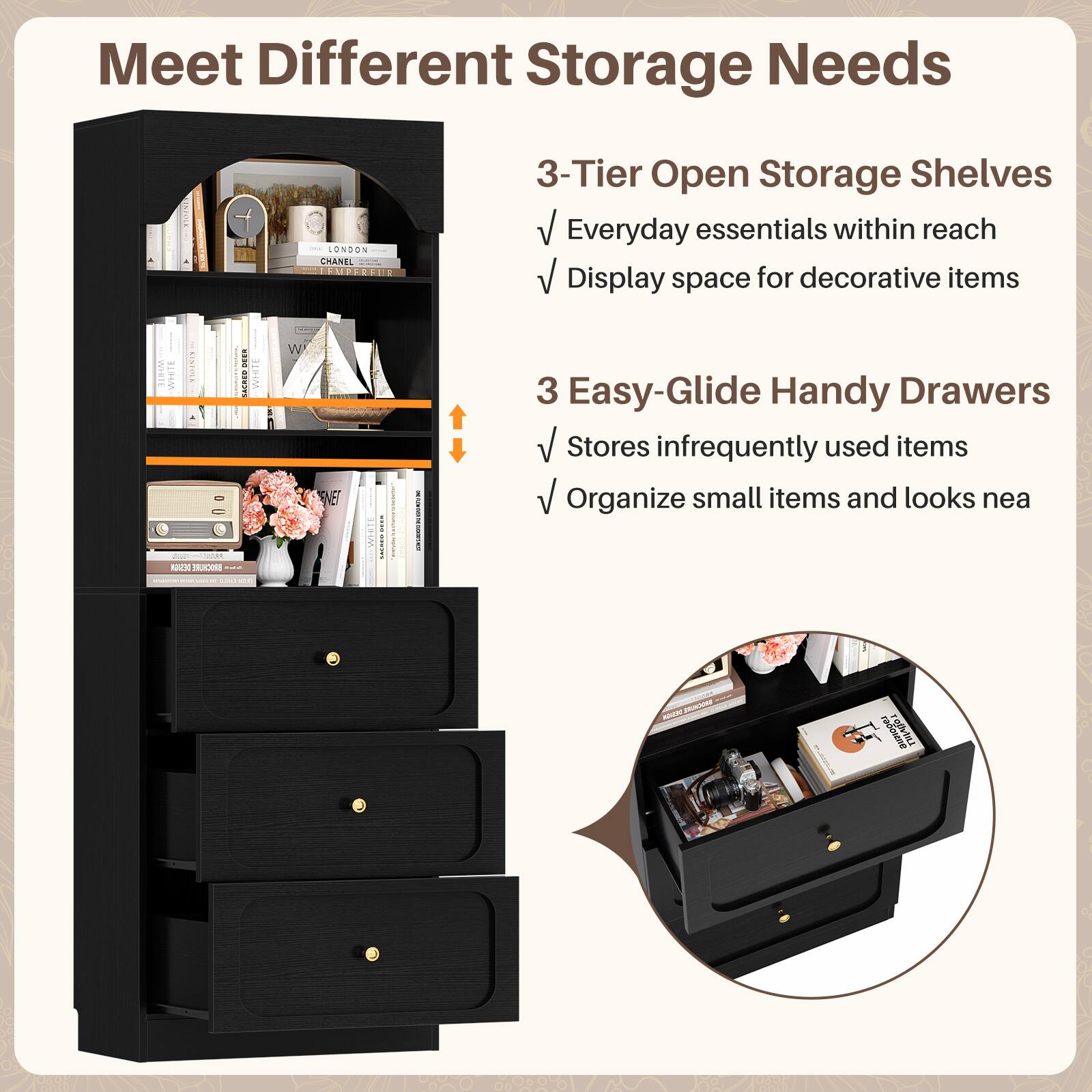 Meet Different Storage Needs

LONDON CHANEL EUDERCIE

3-Tier Open Storage Shelves
- Everyday essentials within reach
- Display space for decorative items

3 Easy-Glide Handy Drawers
- Stores infrequently used items
- Organize small items and looks neat