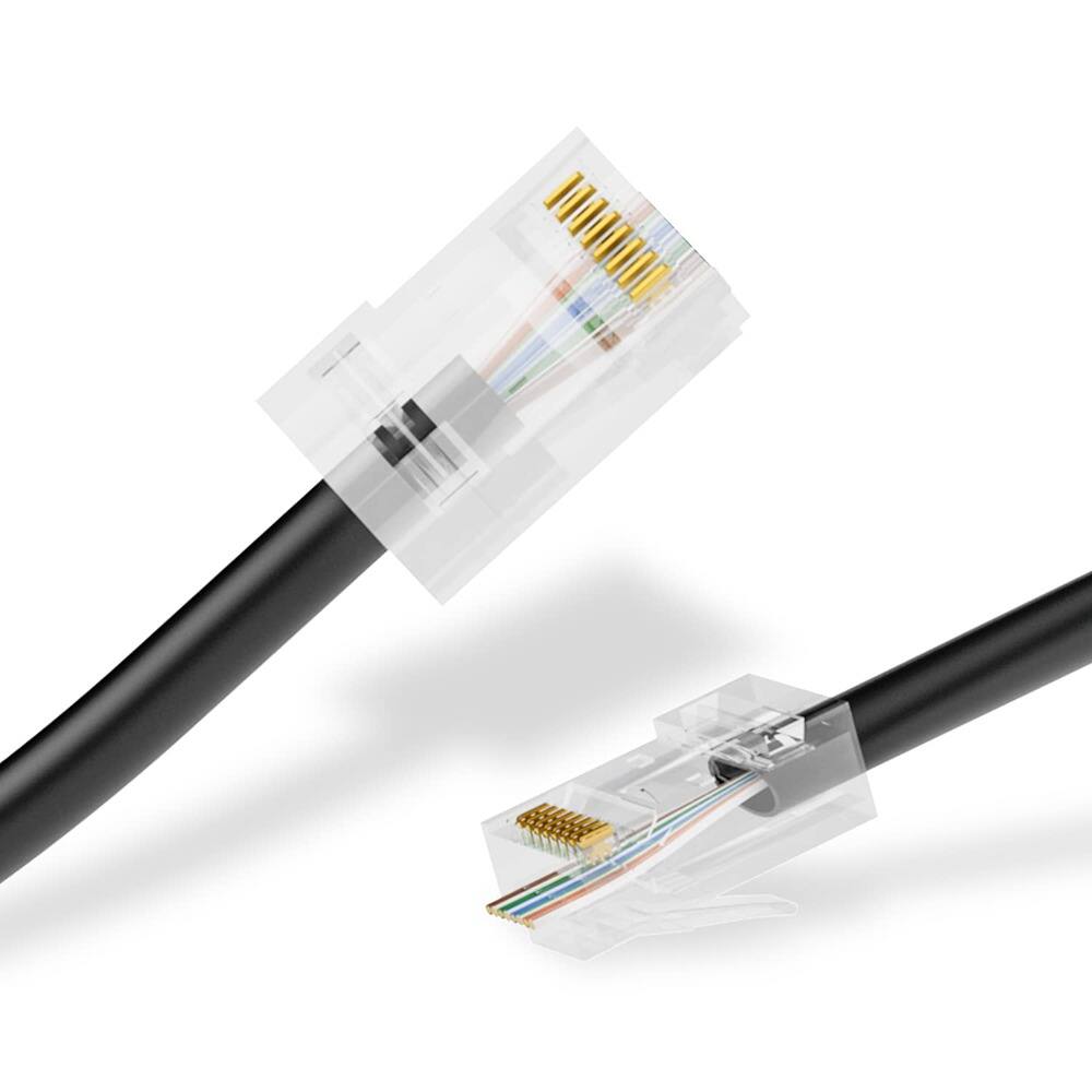 Left. ACJPR - RJ45 Cat6 Pass-Through Connectors for Ethernet Cable, Gold-Plated, Crimp Plugs, Solid and Stranded Wire, 100-Pack.