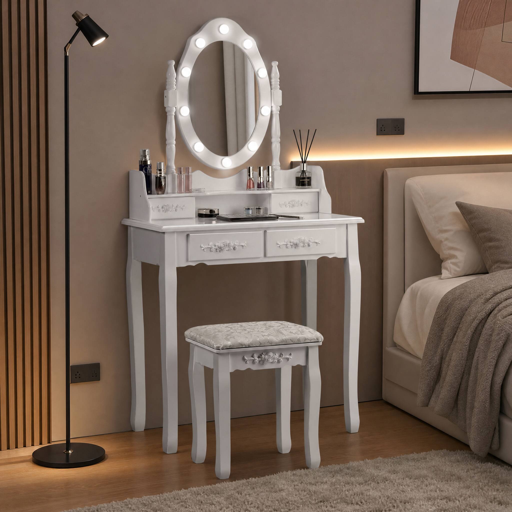 WELLFOR Classic Makeup Vanity Dressing Table Set with 360° Rotatable ...