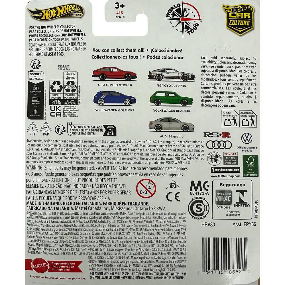**Front Side:**

- **Hot Wheels Premium**
- **3+ WHEELS COLLECTOR. COLECCIONISTAS WHEELS. COLLECTIONNEURS WHEELS. COLECCIONADOR WHEELS.**
- **CONFORMS TO / CONFORME AUX NORMES DE / CONFORME CON LAS NORMAS DE SEGURIDAD ASTM F963.**
- **You can collect them all! • Coleccionalos! • Collectionnez-les tous ! • Podes coleccionar**
- **ALFA ROMEO GTV 6.0**
- **VOLKSWAGEN GOLF MK7**
- **AUDI S4 quattro**
- **VOLKSWAGEN BRASILIA**
- **FOR THE HOT WHEELS® COLLECTOR. PARA COLECCIONISTAS DE HOT WHEELS®. POUR LES COLLECTIONNEURS HOT WHEELS®. PARA COLECCIONADORES DE HOT WHEELS®.**
- **Each solid, subject to availability. Colores y decoraciones pueden variar. Les couleurs et les décorations peuvent varier. Certaines produits peuvent ne pas être commercialisés