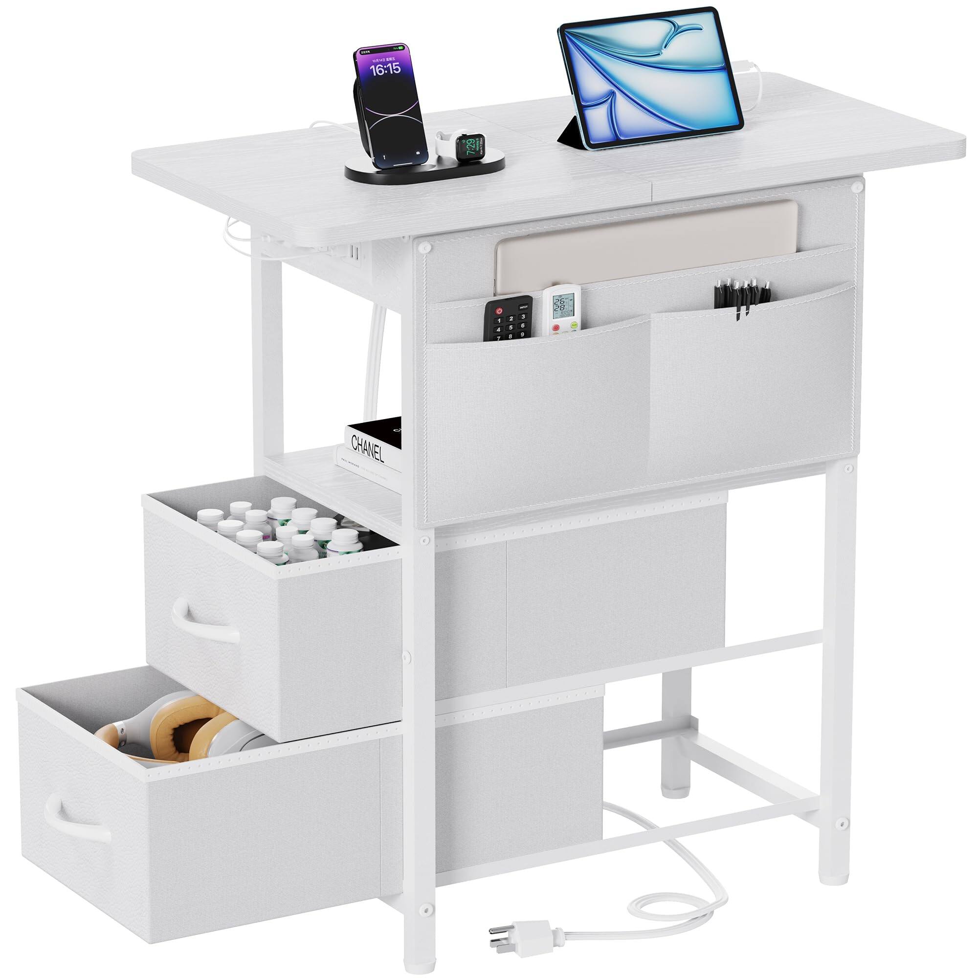 PO3TICJUNKI3 - Side Table With Charging Station Narrow Nightstand Bedside Tables Storage Pocket For Living Room Bedroom So - White