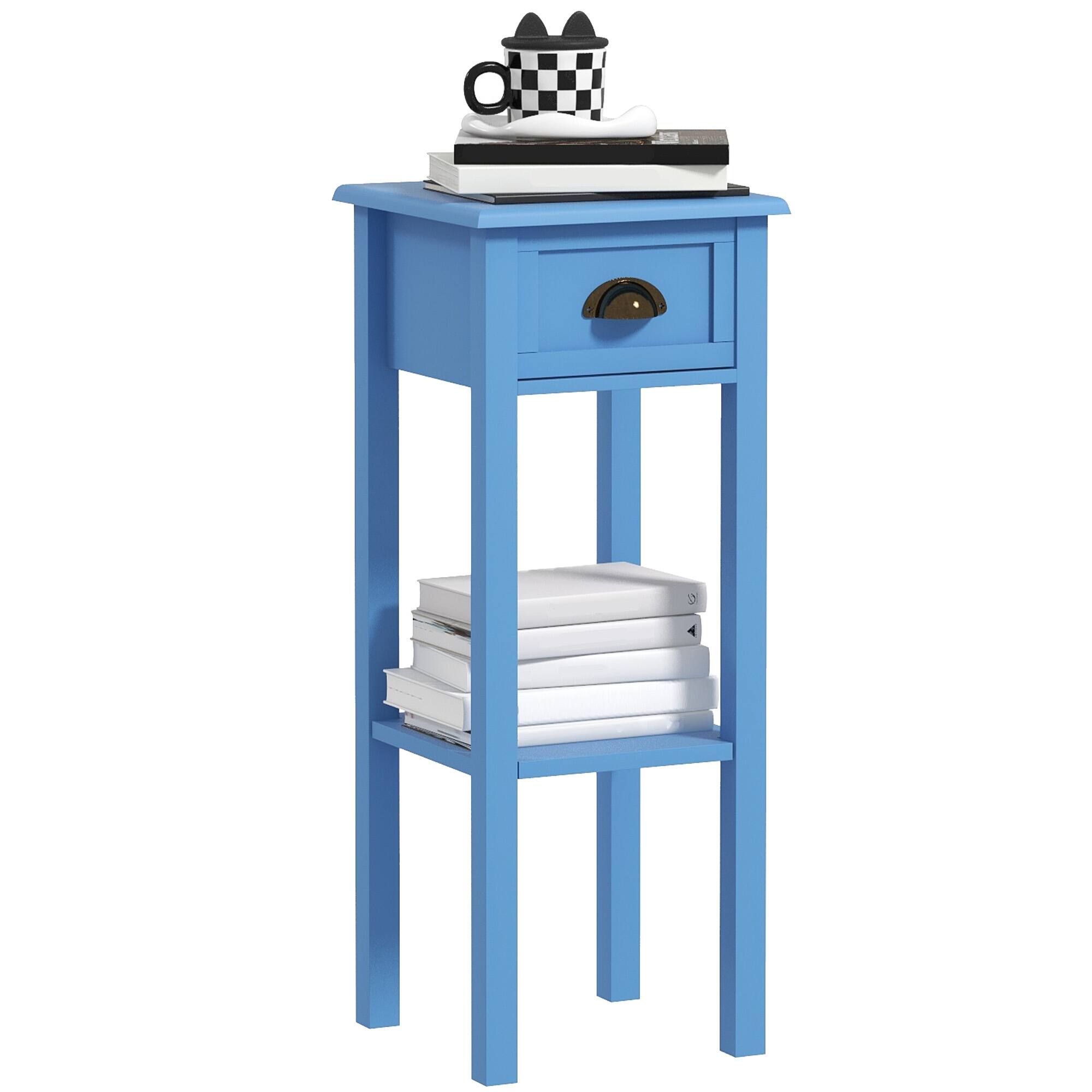 Homcom - 2-Tier Side Table with Drawer, Narrow End Table with Bottom Shelf, for Living Room, Set of 1 - Light Blue