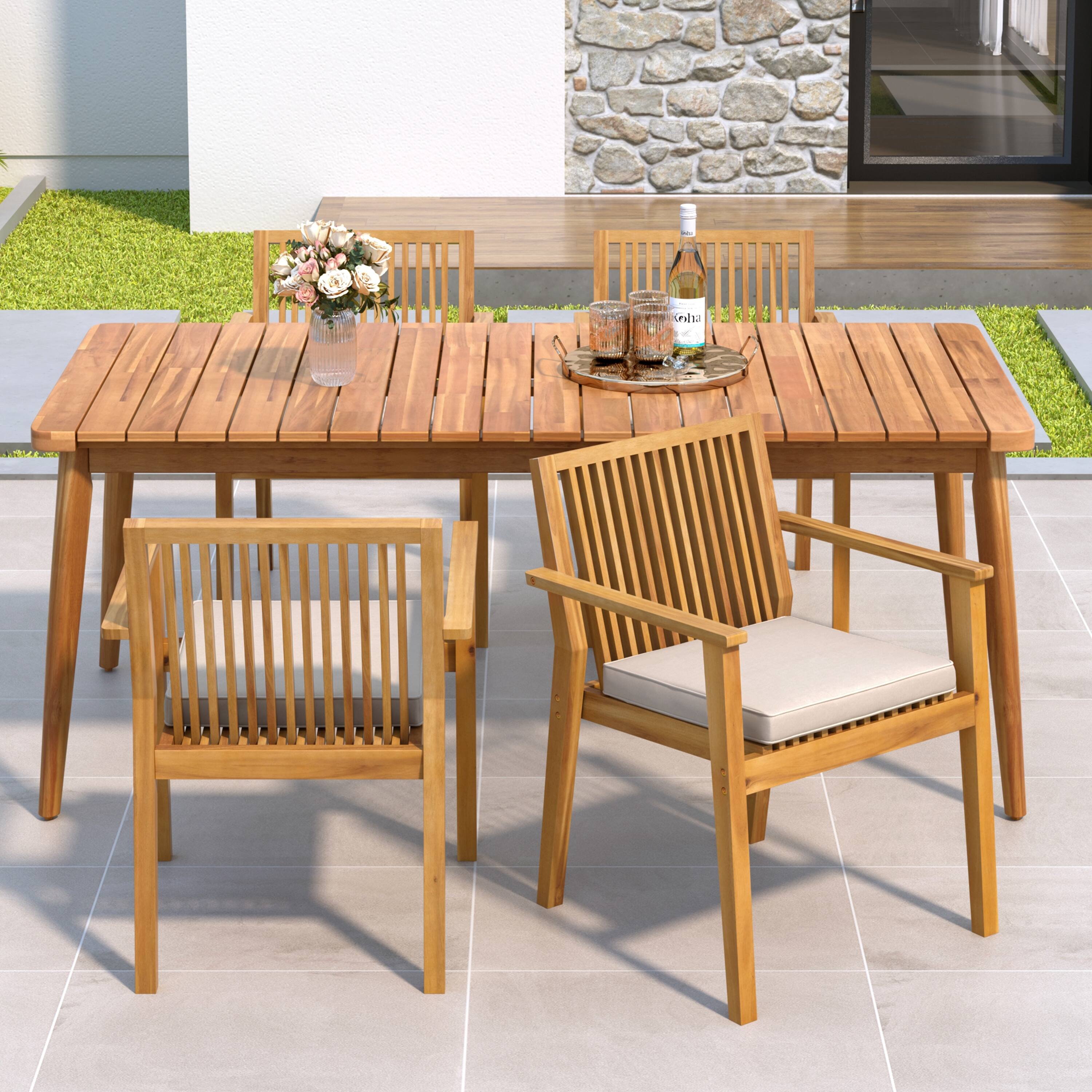 Angle. Mondawe - 5-Piece Acacia Wood Outdoor Dining Set, Patio Table & Chairs with Removable Cushions - Natural+Teak.