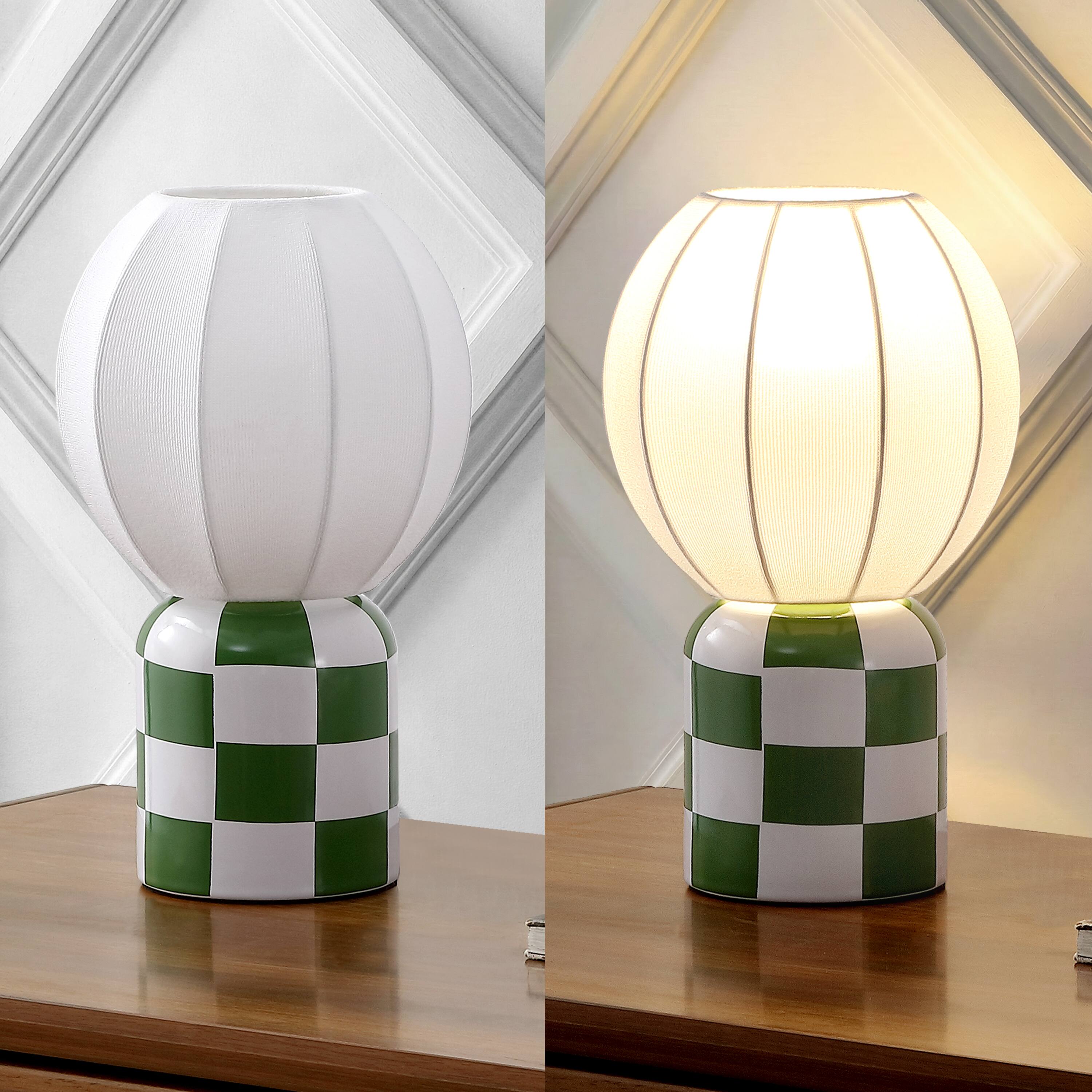 Alt View 6. Jonathan Y - Valarie 10.3 in. Contemporary Checkerboard Ceramic with Ribbed Cocoon Globe Shade LED Mini Table Lamp, Green/White - Green/White.