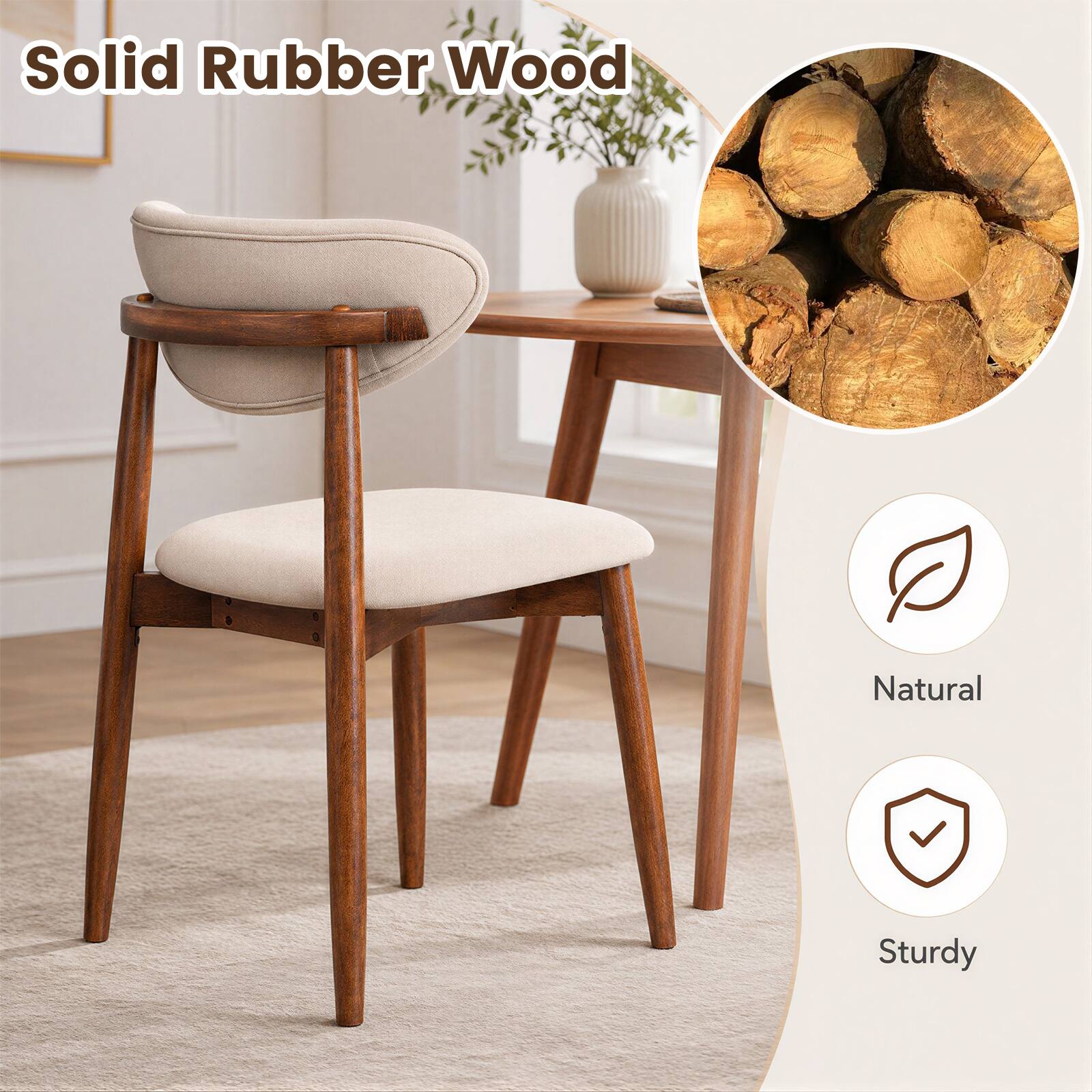 Solid Rubber Wood Natural Sturdy