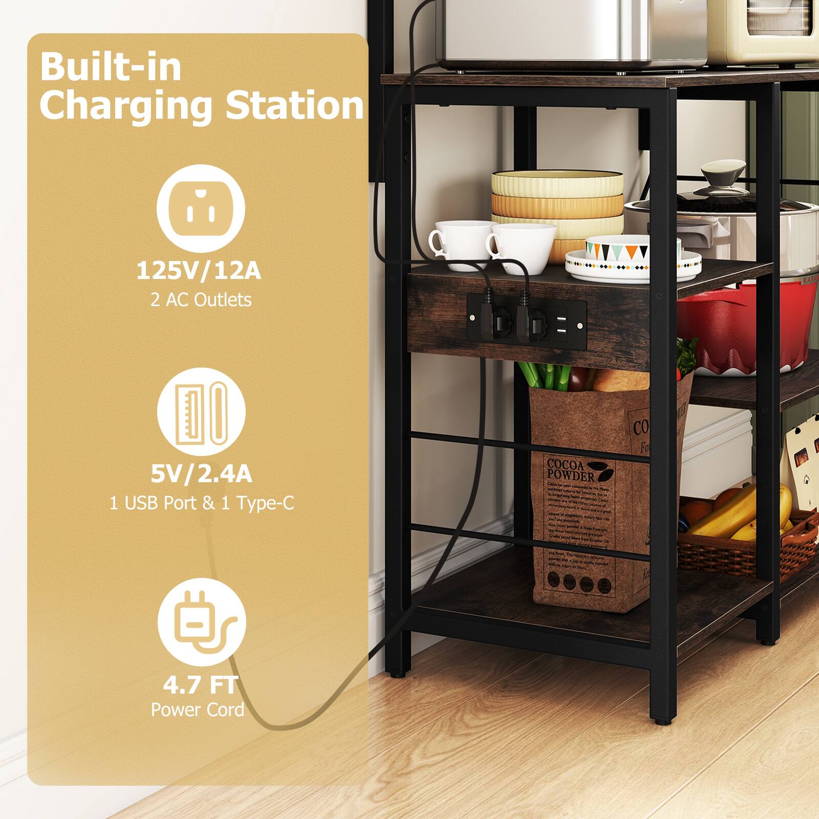 Built-in Charging Station

125V/12A  
2 AC Outlets

5V/2.4A  
1 USB Port & 1 Type-C

4.7 FT Power Cord
