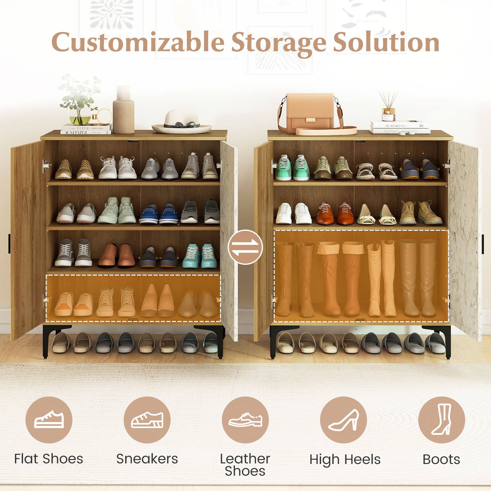 Customizable Storage Solution

- Flat Shoes
- Sneakers
- Leather Shoes
- High Heels
- Boots