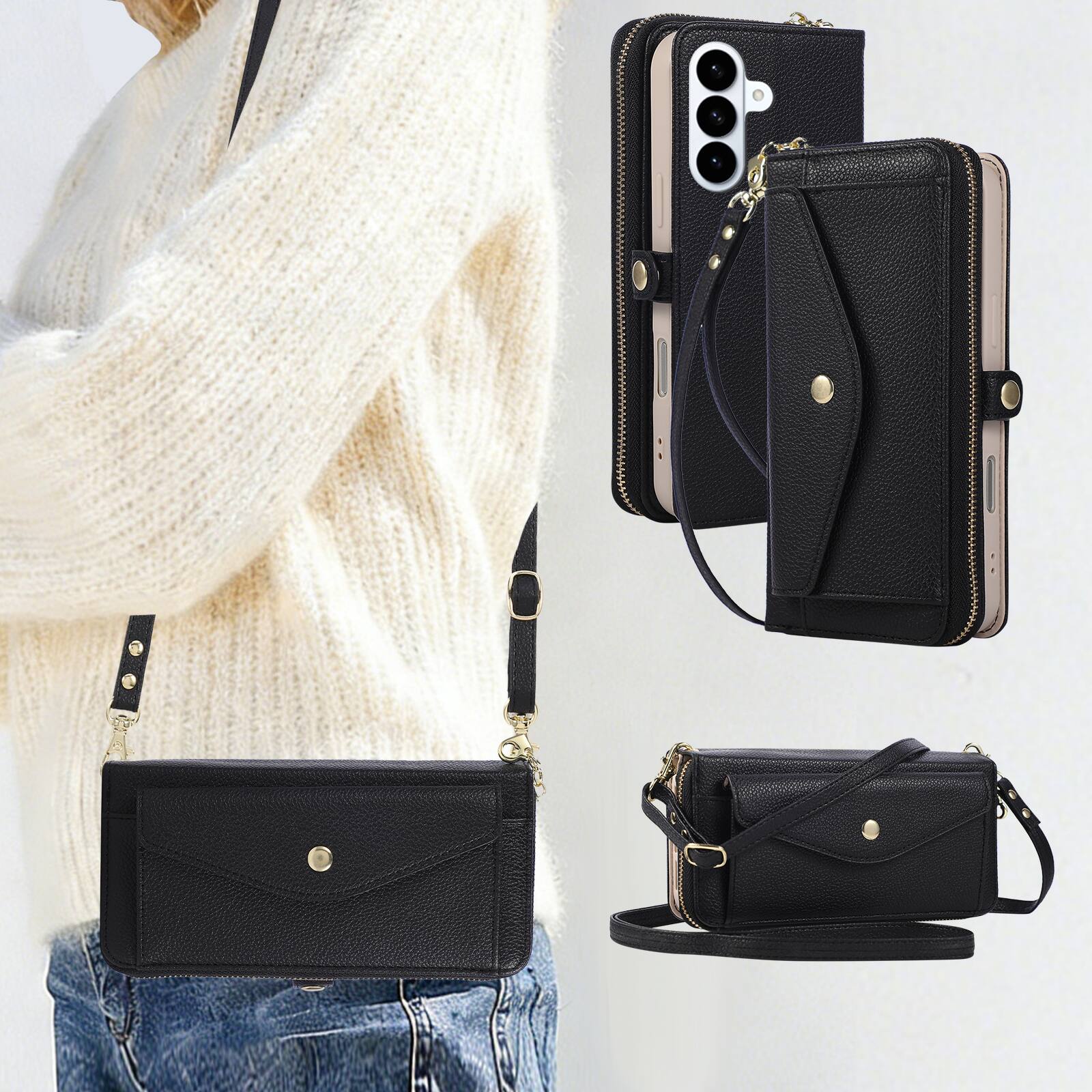 Alt View 4. Dteck - Leather Wallet Phone Case for Samsung Galaxy S26 FE with Crossbody Strap, Shockproof Zipper Pocket Mirror Stand Cover - Black.