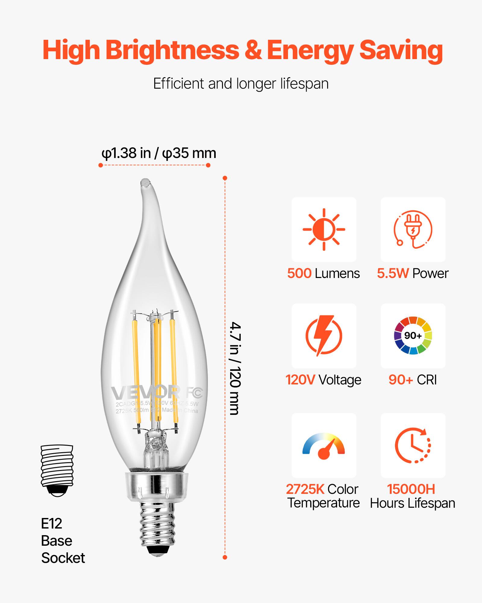 High Brightness & Energy Saving  
Efficient and longer lifespan  

- Ø1.38 in / Ø35 mm  
- 500 Lumens  
- 5.5W Power  
- 4.7 in / 120 mm  
- 120V Voltage  
- 90+ CRI  
- E12 Base Socket  
- 2725K Color Temperature  
- 15000H Hours Lifespan  

Made in China