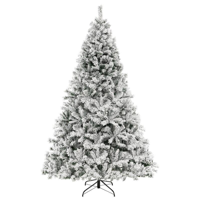 Left. WELLFOR - 8ft Pre‑lit Snow‑Flocked Hinged Artificial Christmas Tree with 1370 Branch Tips &600 LED Lights for Xmas Decorated - Green & White.