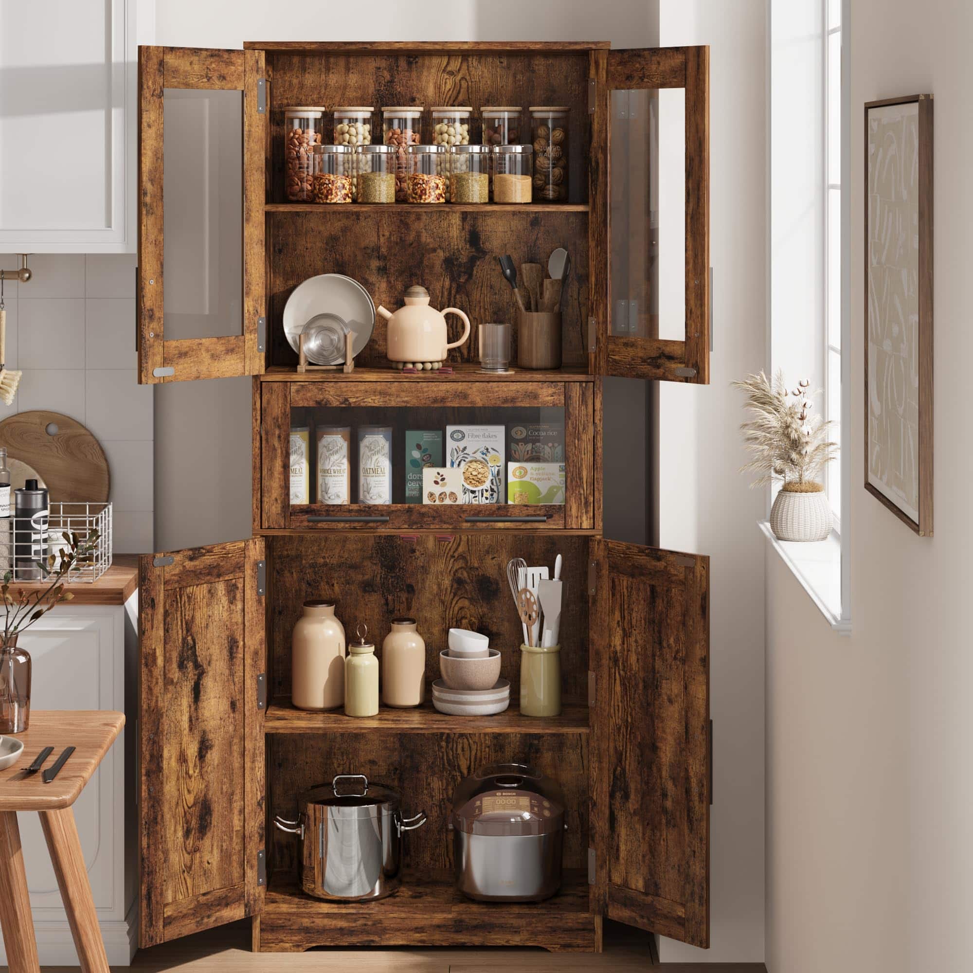 Qeetex - 67" Tall Pantry Cabinet with Glass Doors, Freestanding Storage Cupboard with Drawer & Adjustable Shelves - Rustic Brown