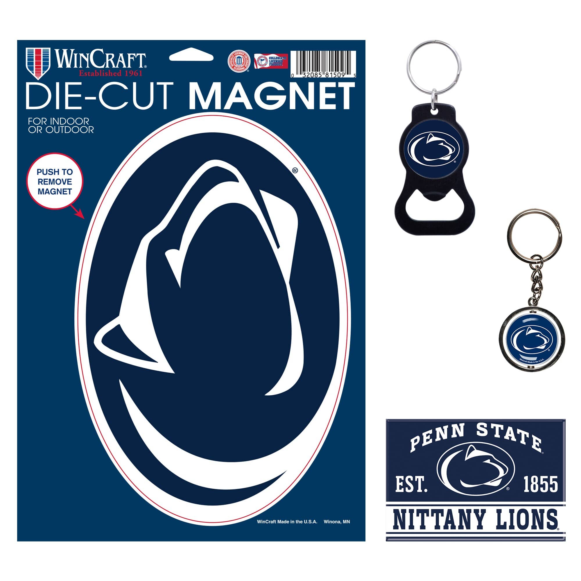 WINCRAFT  
Established 1961  

DIE-CUT MAGNET  
FOR INDOOR OR OUTDOOR  

PUSH TO REMOVE MAGNET  

PENN STATE  
EST. 1855  
NITTANY LIONS  

WinCraft Made in the U.S.A. Winona, MN