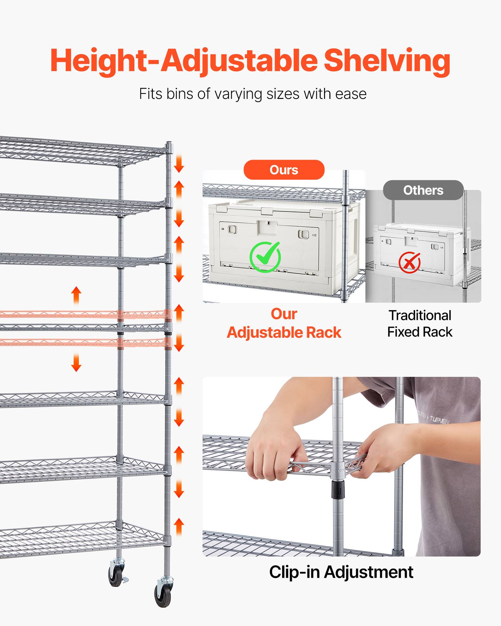 Height-Adjustable Shelving  
Fits bins of varying sizes with ease  

Ours  
Our Adjustable Rack  

Others  
Traditional Fixed Rack  

Clip-in Adjustment
